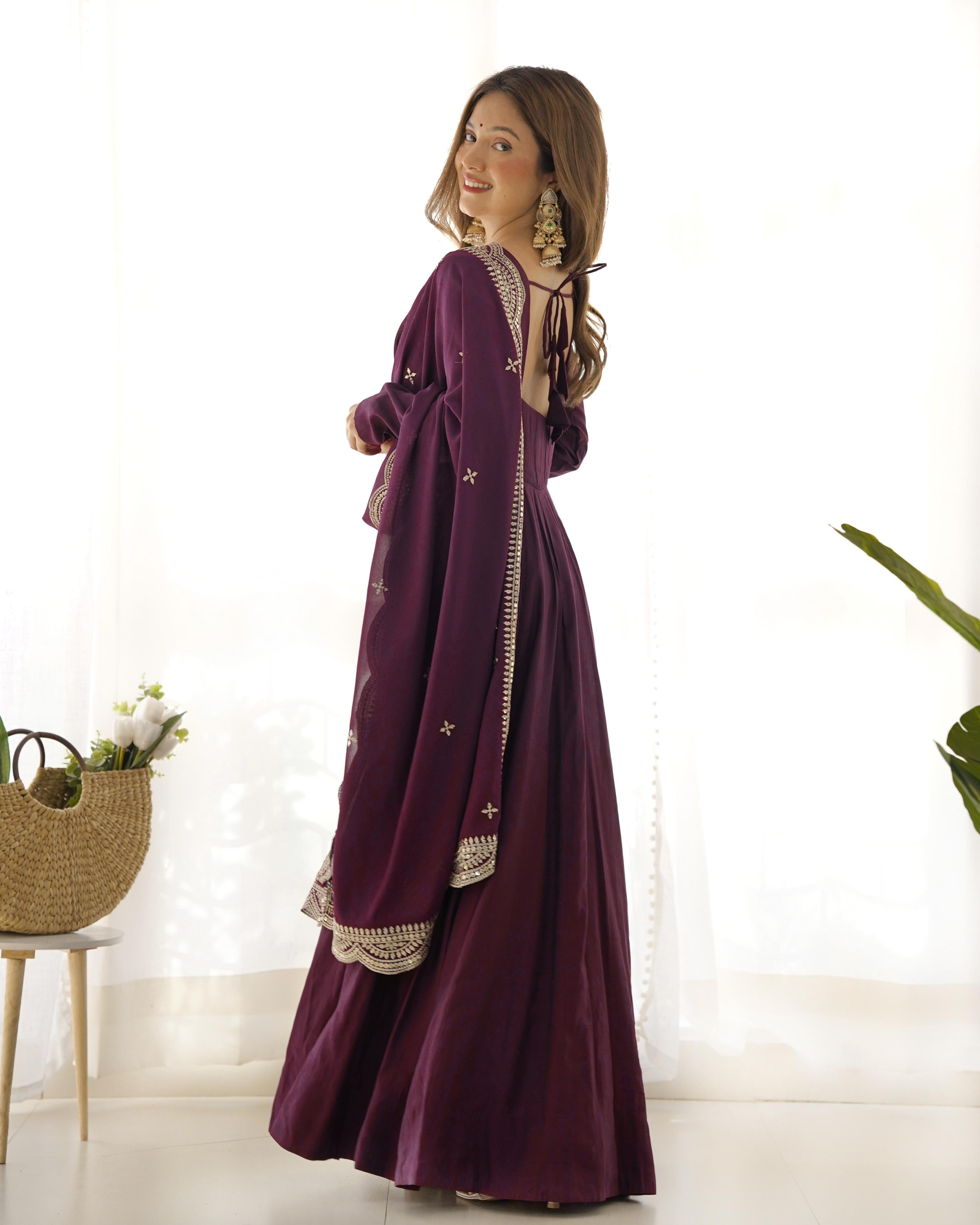 Wine Chanderi Silk Anarkali Suit Set with Huge Flair for Festive Occasions