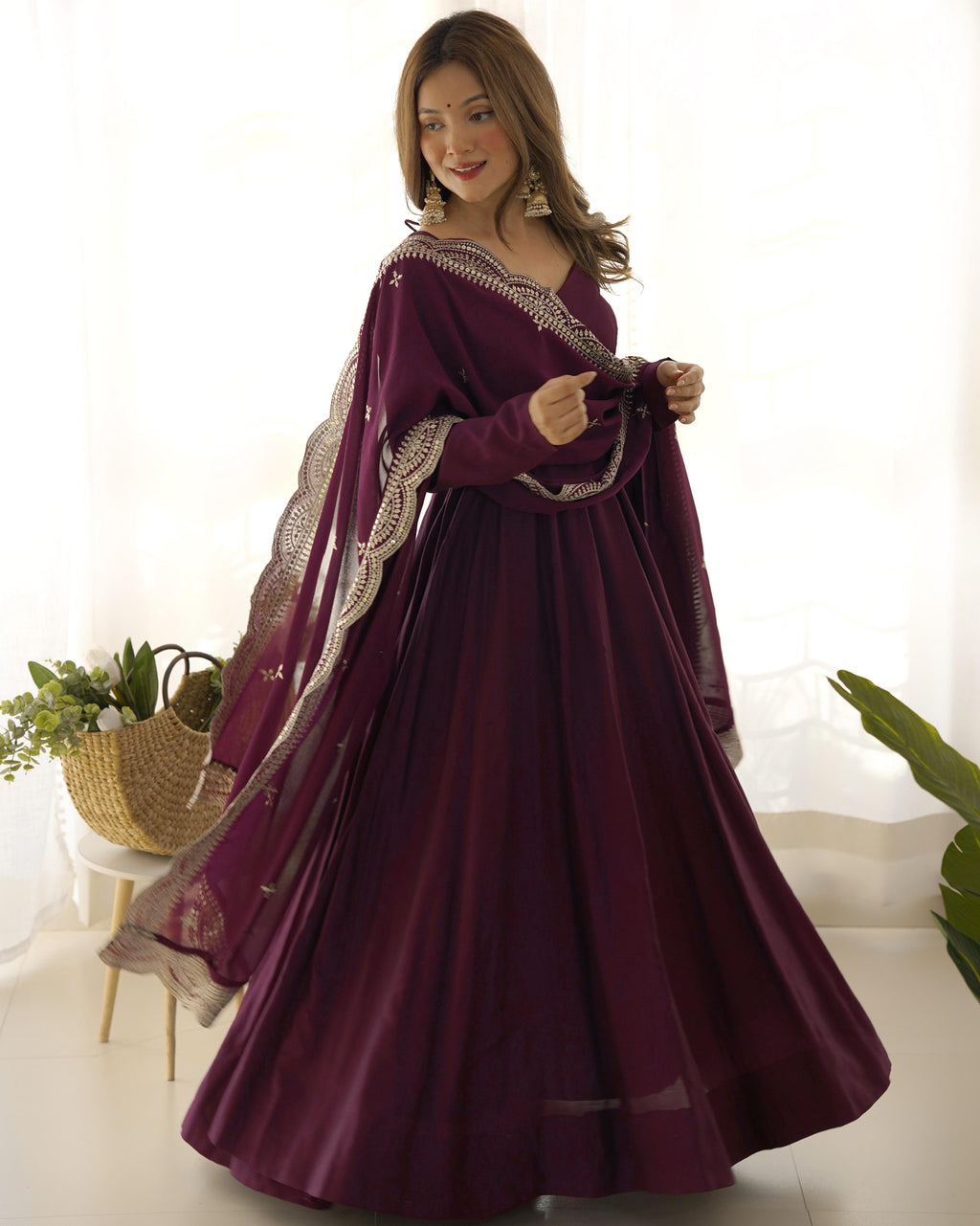 Wine Chanderi Silk Anarkali Suit Set with Huge Flair for Festive Occasions