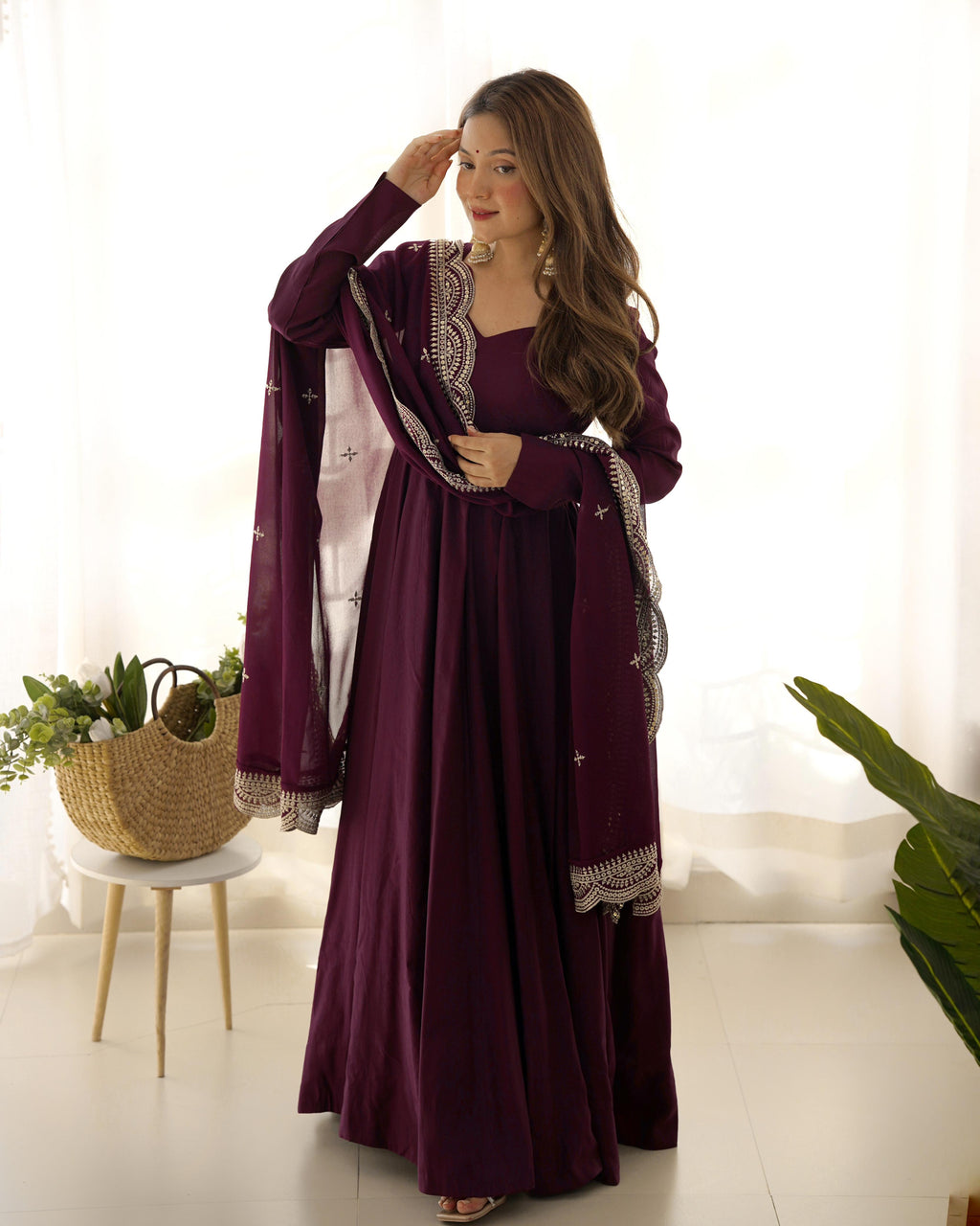 Wine Chanderi Silk Anarkali Suit Set with Huge Flair for Festive Occasions