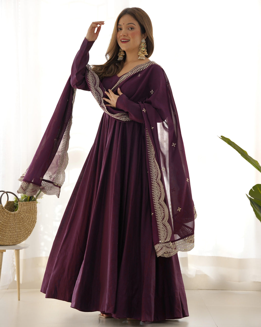 Wine Chanderi Silk Anarkali Suit Set with Huge Flair for Festive Occasions