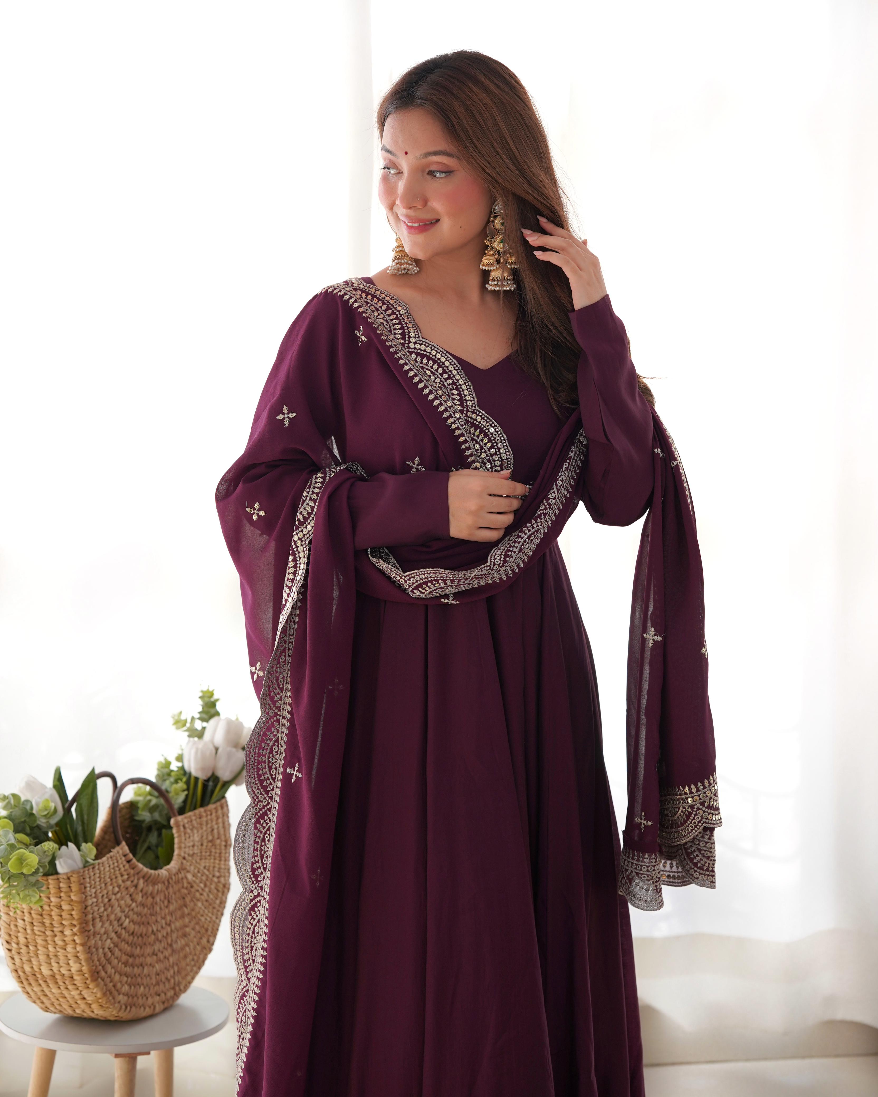 Wine Chanderi Silk Anarkali Suit Set with Huge Flair for Festive Occasions