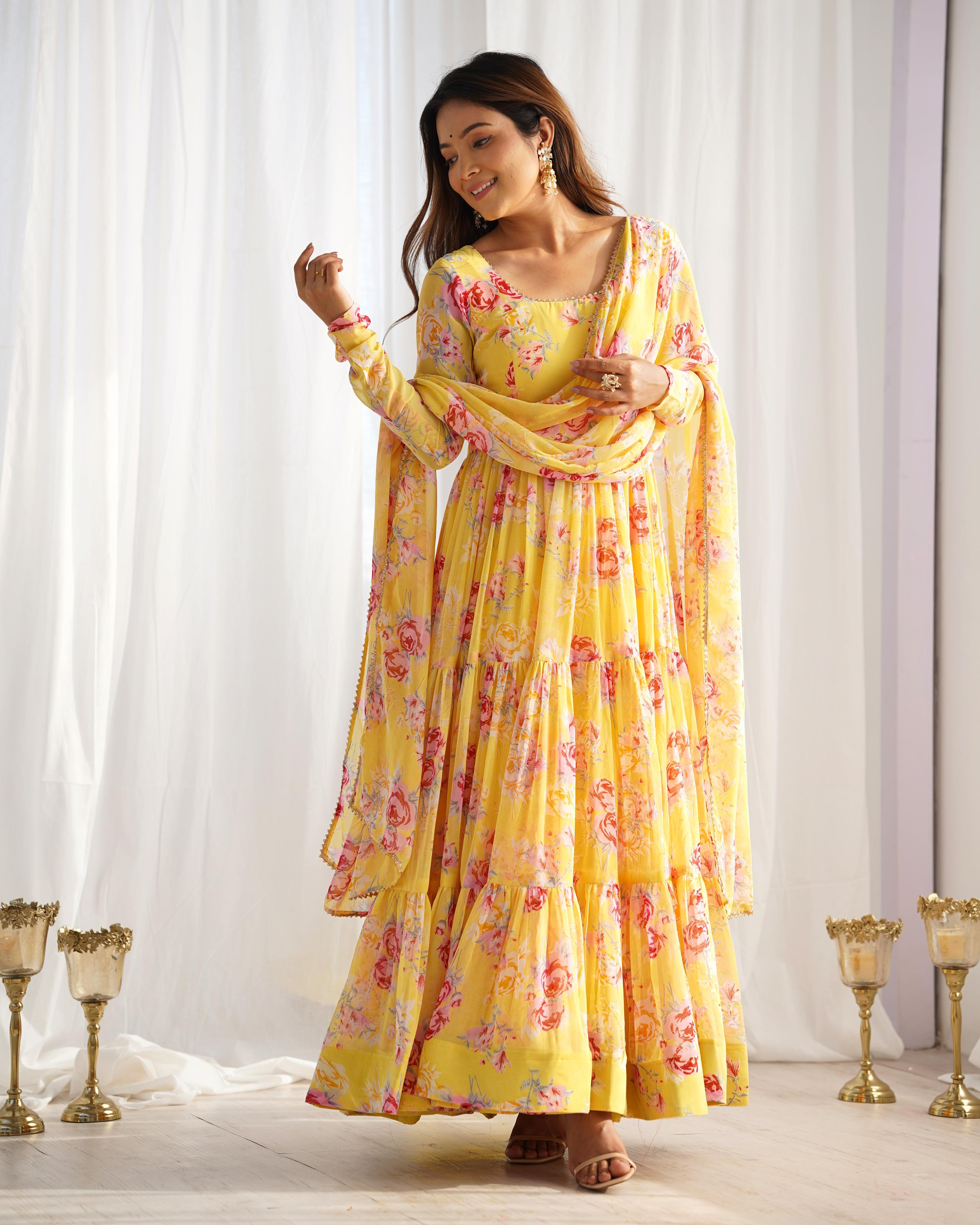 Yellow Soft Georgette Anarkali Lehenga Suit with Huge Flair for Festive Occasions