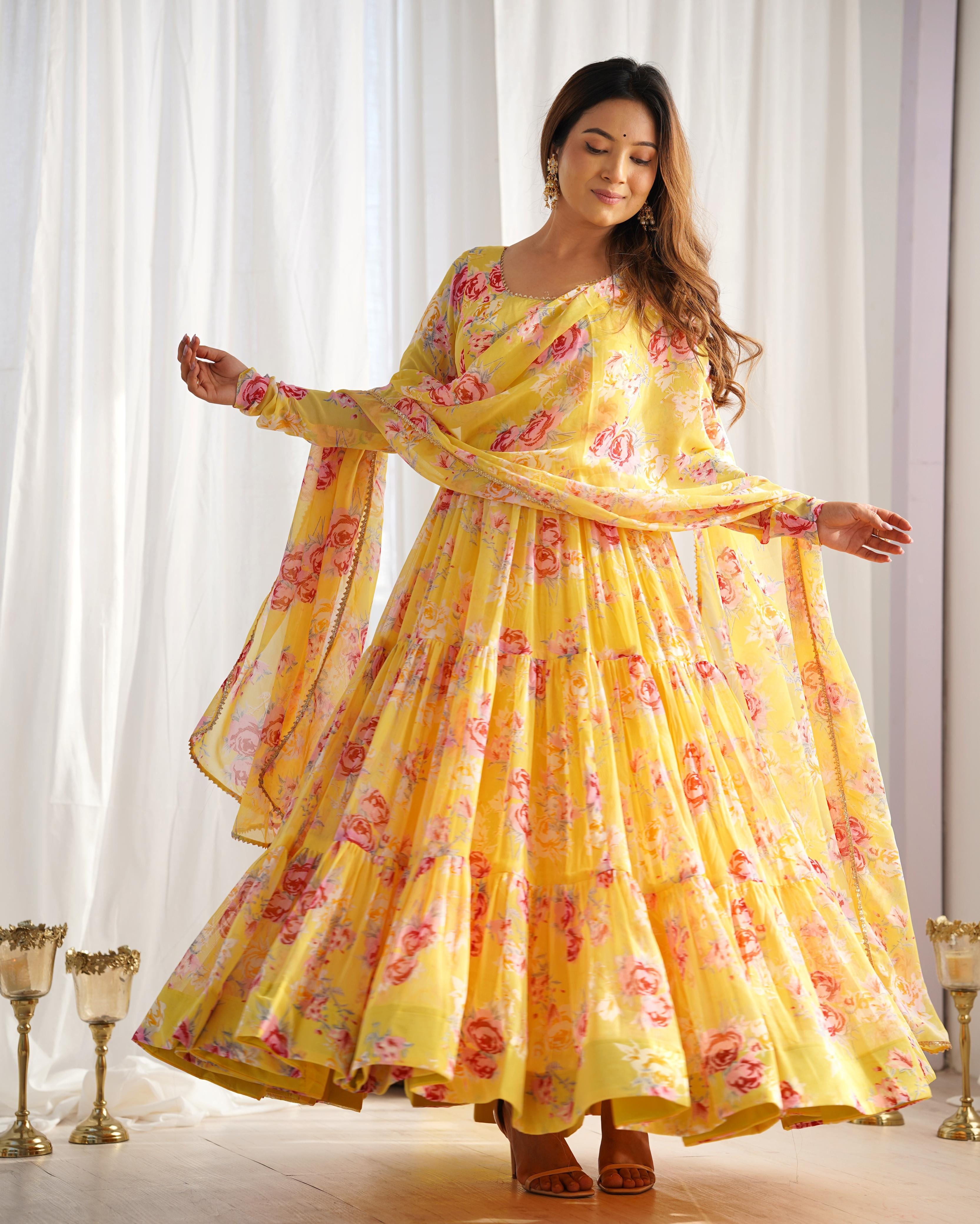 Yellow Soft Georgette Anarkali Lehenga Suit with Huge Flair for Festive Occasions