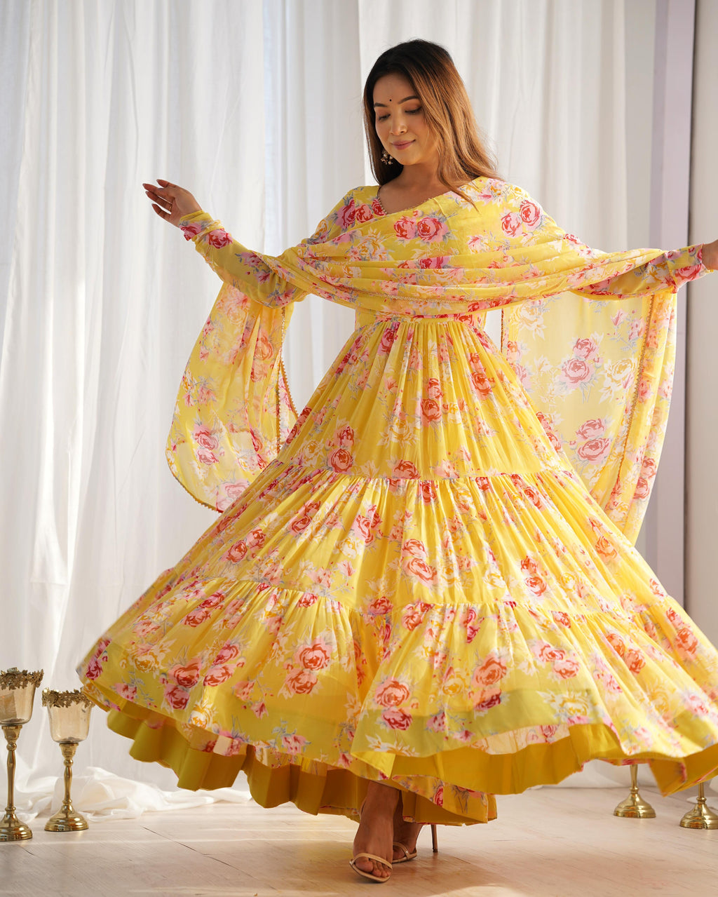 Yellow Soft Georgette Anarkali Lehenga Suit with Huge Flair for Festive Occasions