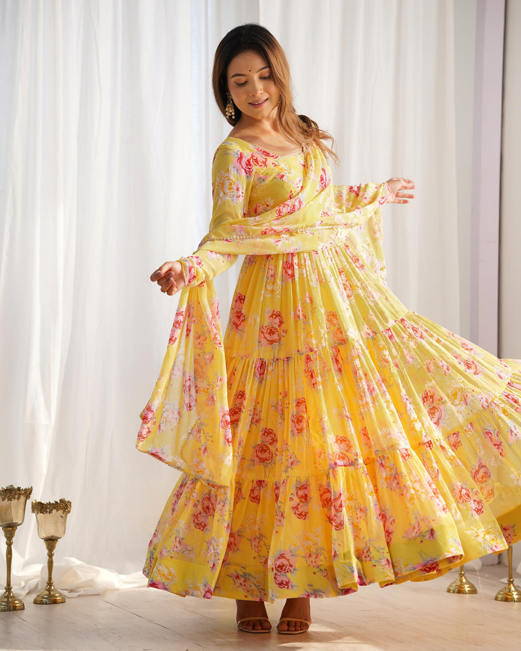 Yellow Soft Georgette Anarkali Lehenga Suit with Huge Flair for Festive Occasions