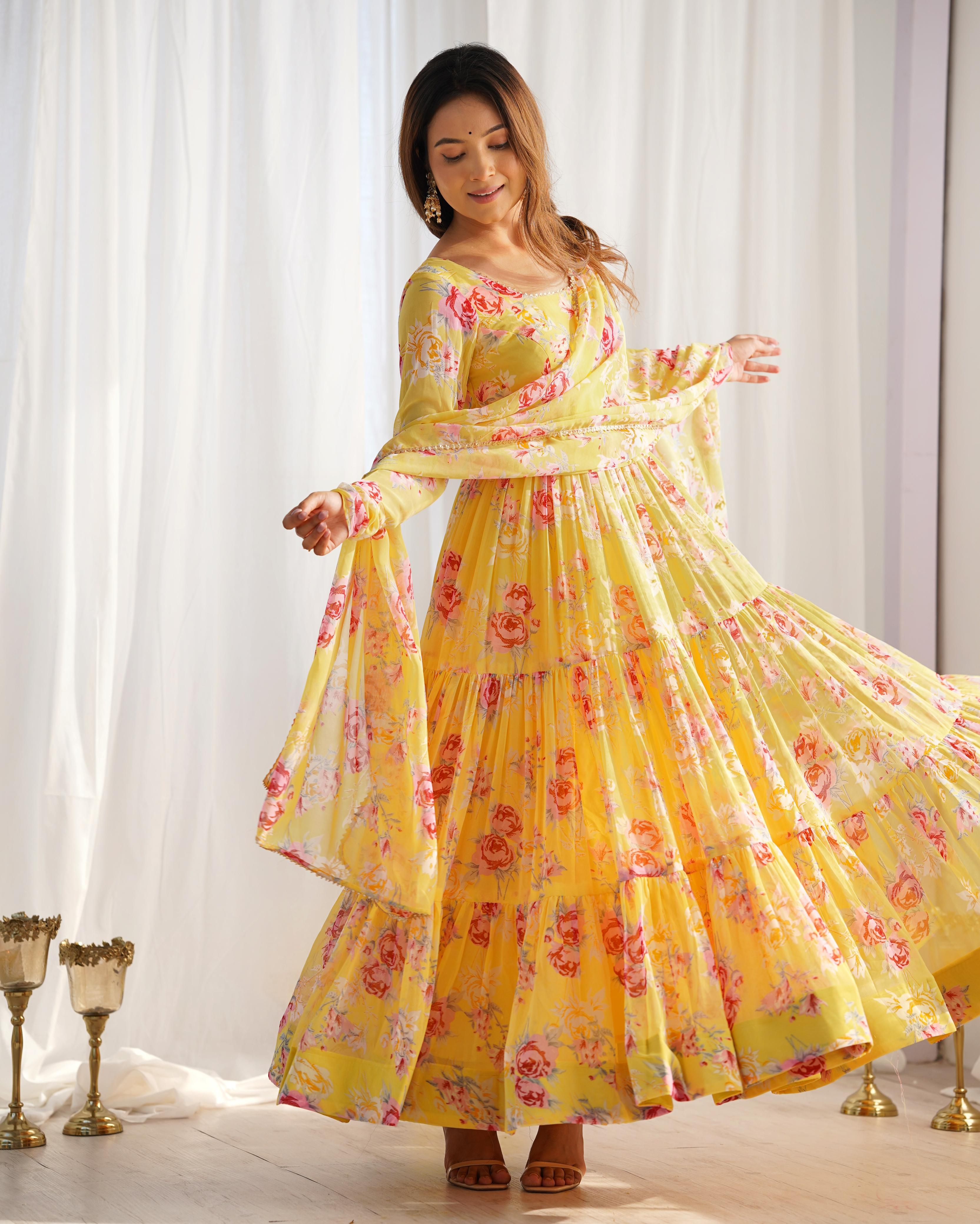 Yellow Soft Georgette Anarkali Lehenga Suit with Huge Flair for Festive Occasions