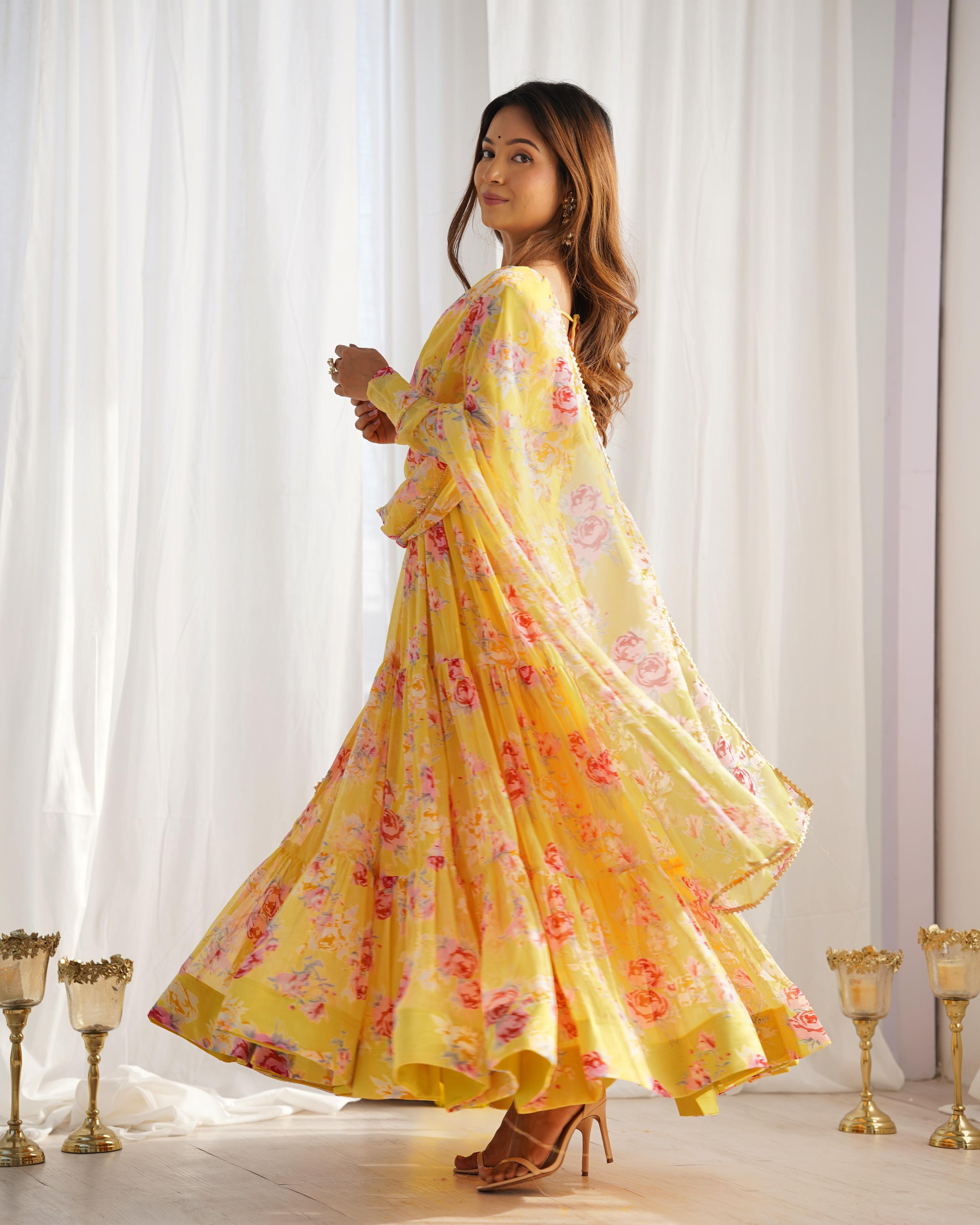 Yellow Soft Georgette Anarkali Lehenga Suit with Huge Flair for Festive Occasions