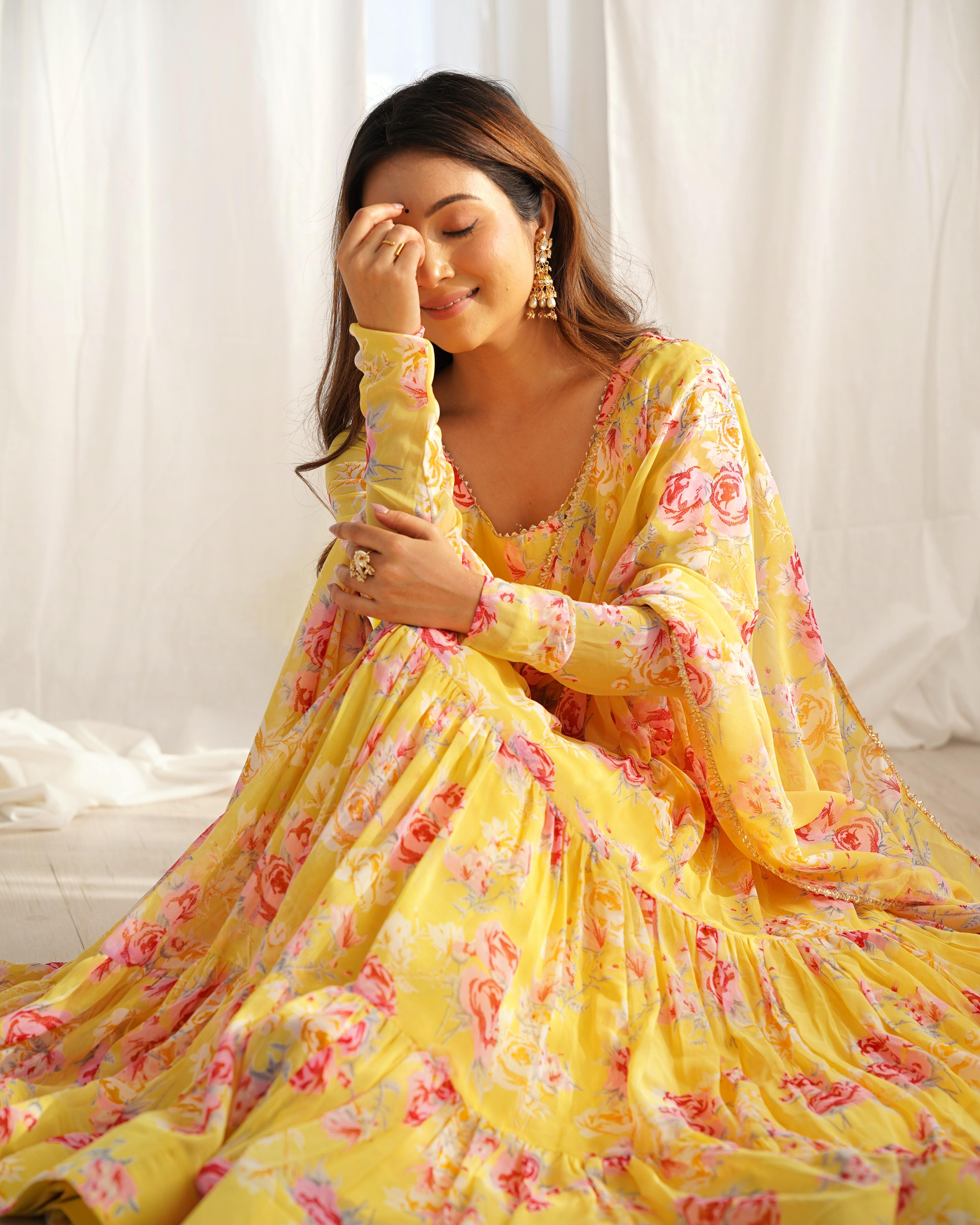 Yellow Soft Georgette Anarkali Lehenga Suit with Huge Flair for Festive Occasions