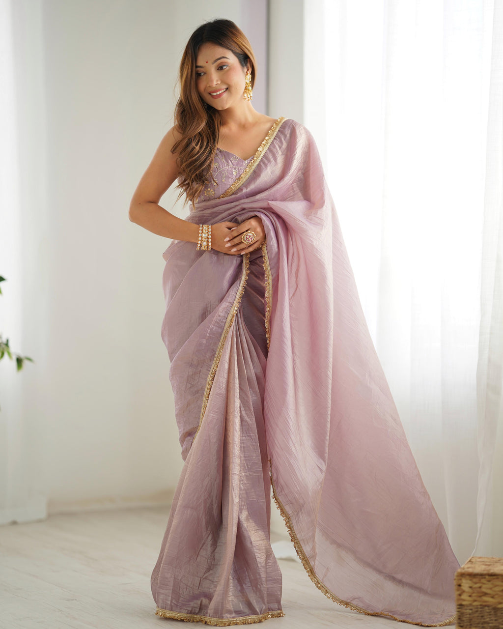 Mauve Crush Tissue Silk Saree, Ready-to-Wear design perfect for festive occasions