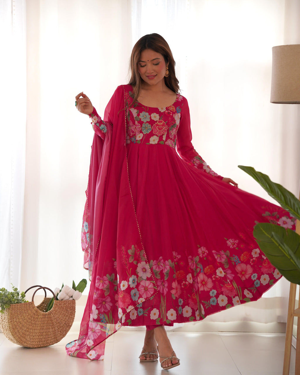 Pink Soft Organza Anarkali Lehenga Suit Set with Huge Flair for Festive Wear