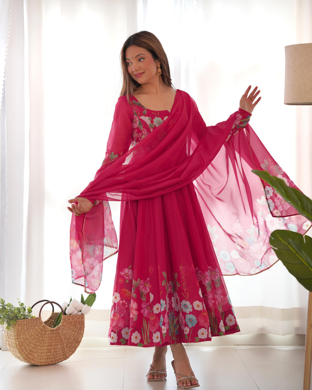 Pink Soft Organza Anarkali Lehenga Suit Set with Huge Flair for Festive Wear