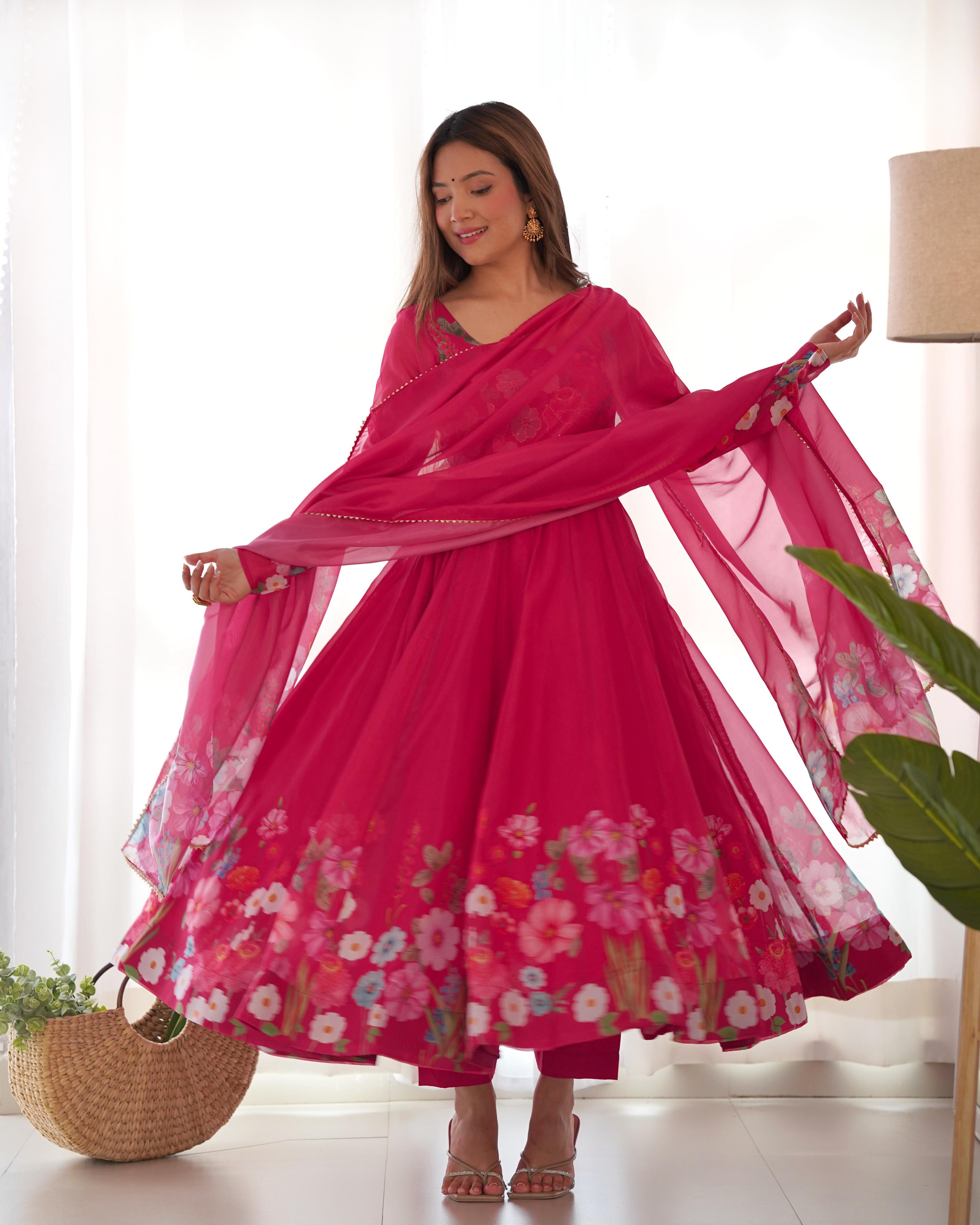 Pink Soft Organza Anarkali Lehenga Suit Set with Huge Flair for Festive Wear