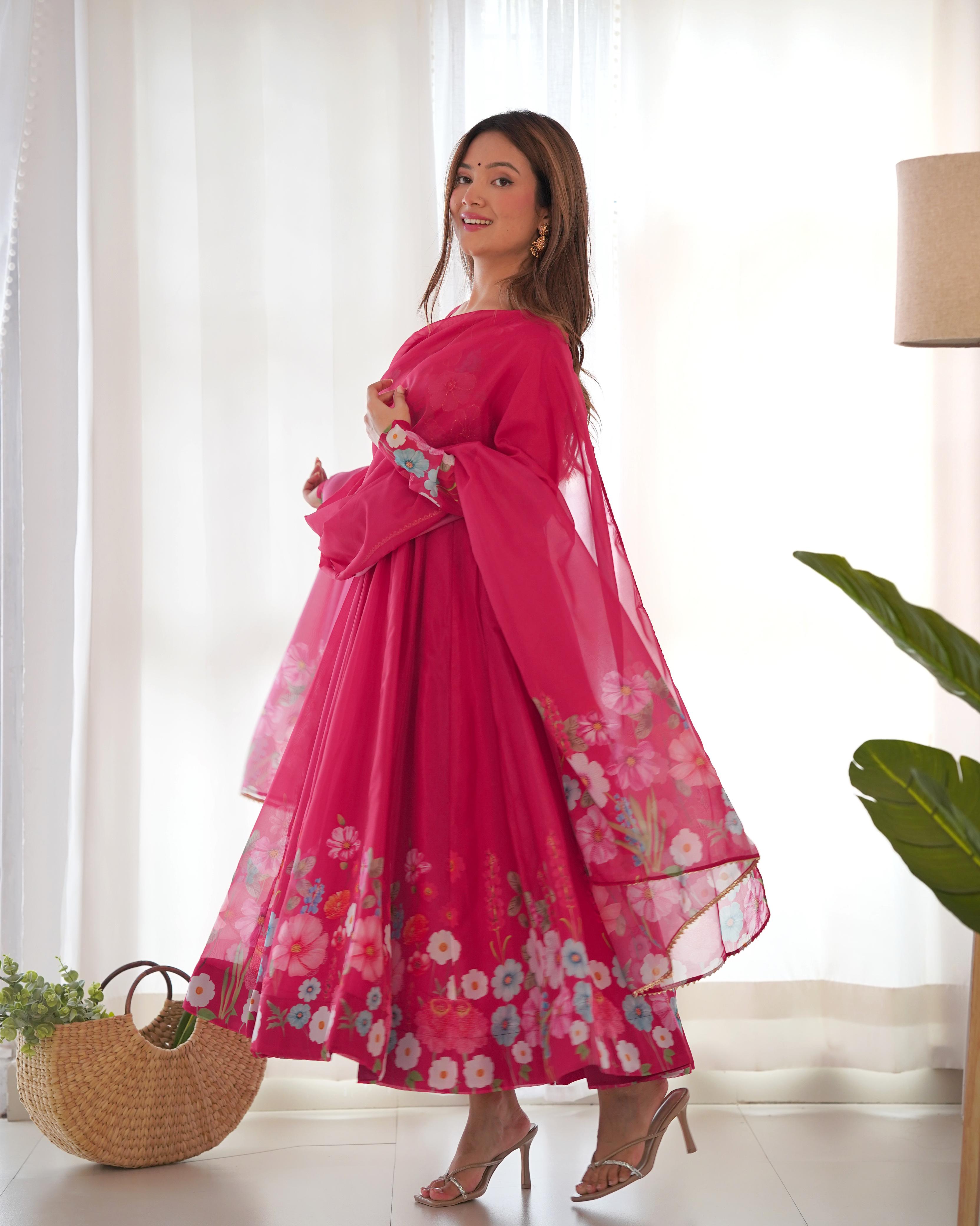 Pink Soft Organza Anarkali Lehenga Suit Set with Huge Flair for Festive Wear