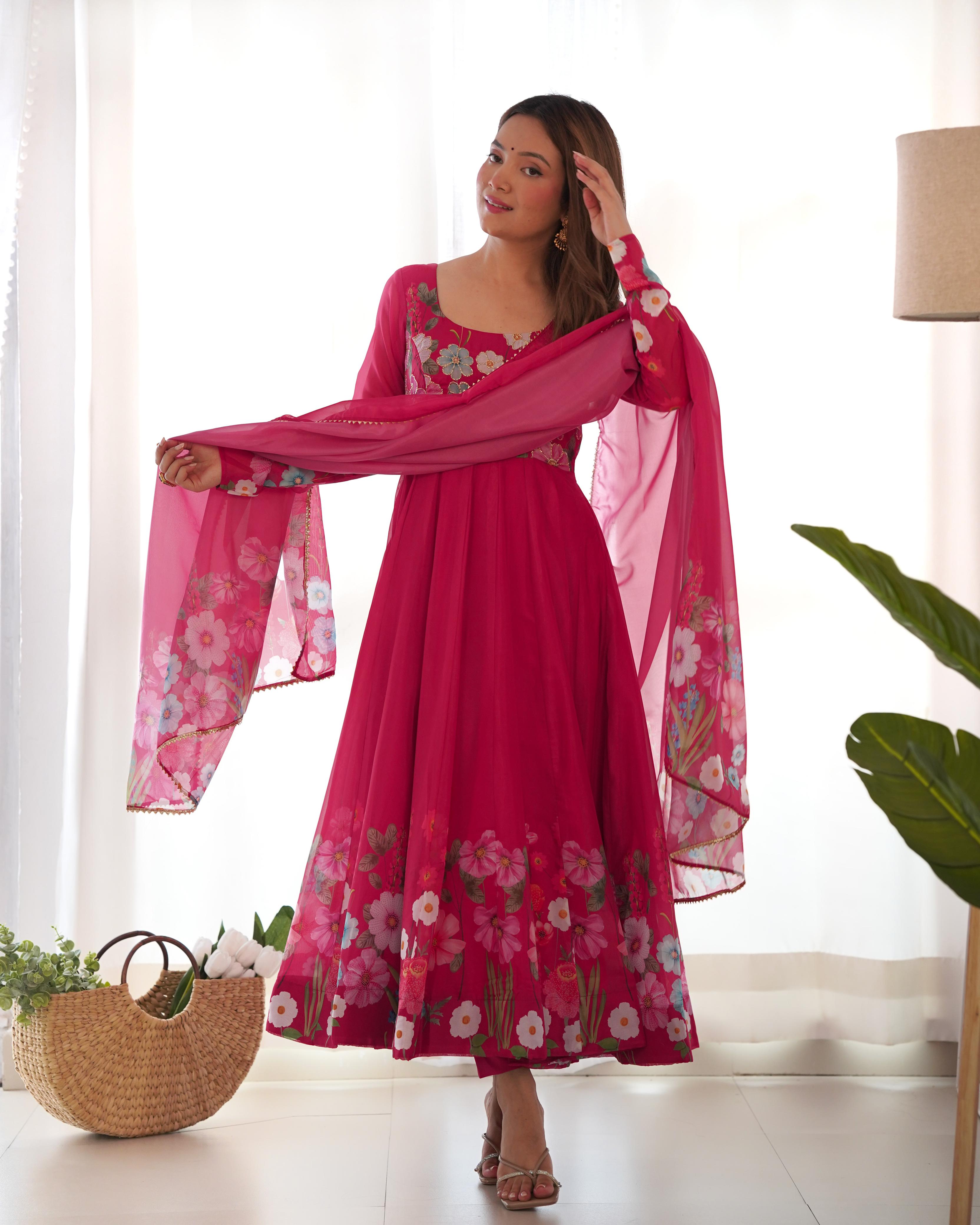 Pink Soft Organza Anarkali Lehenga Suit Set with Huge Flair for Festive Wear