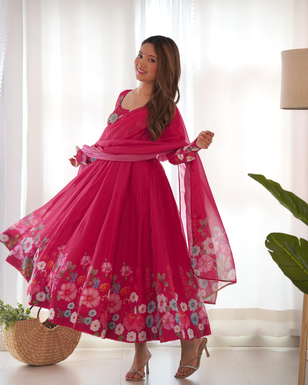 Pink Soft Organza Anarkali Lehenga Suit Set with Huge Flair for Festive Wear