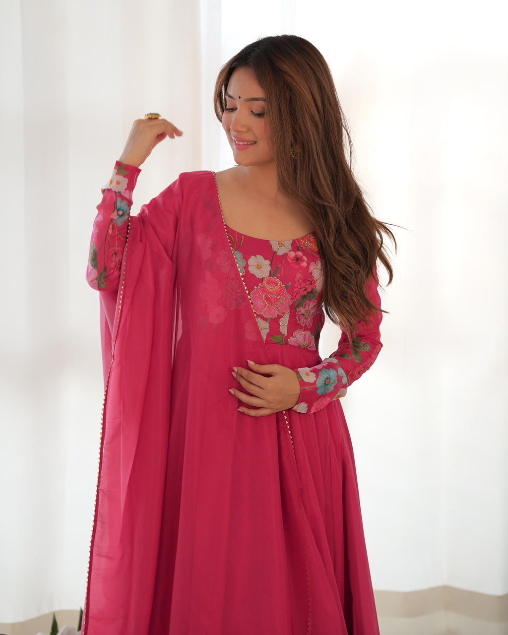 Pink Soft Organza Anarkali Lehenga Suit Set with Huge Flair for Festive Wear