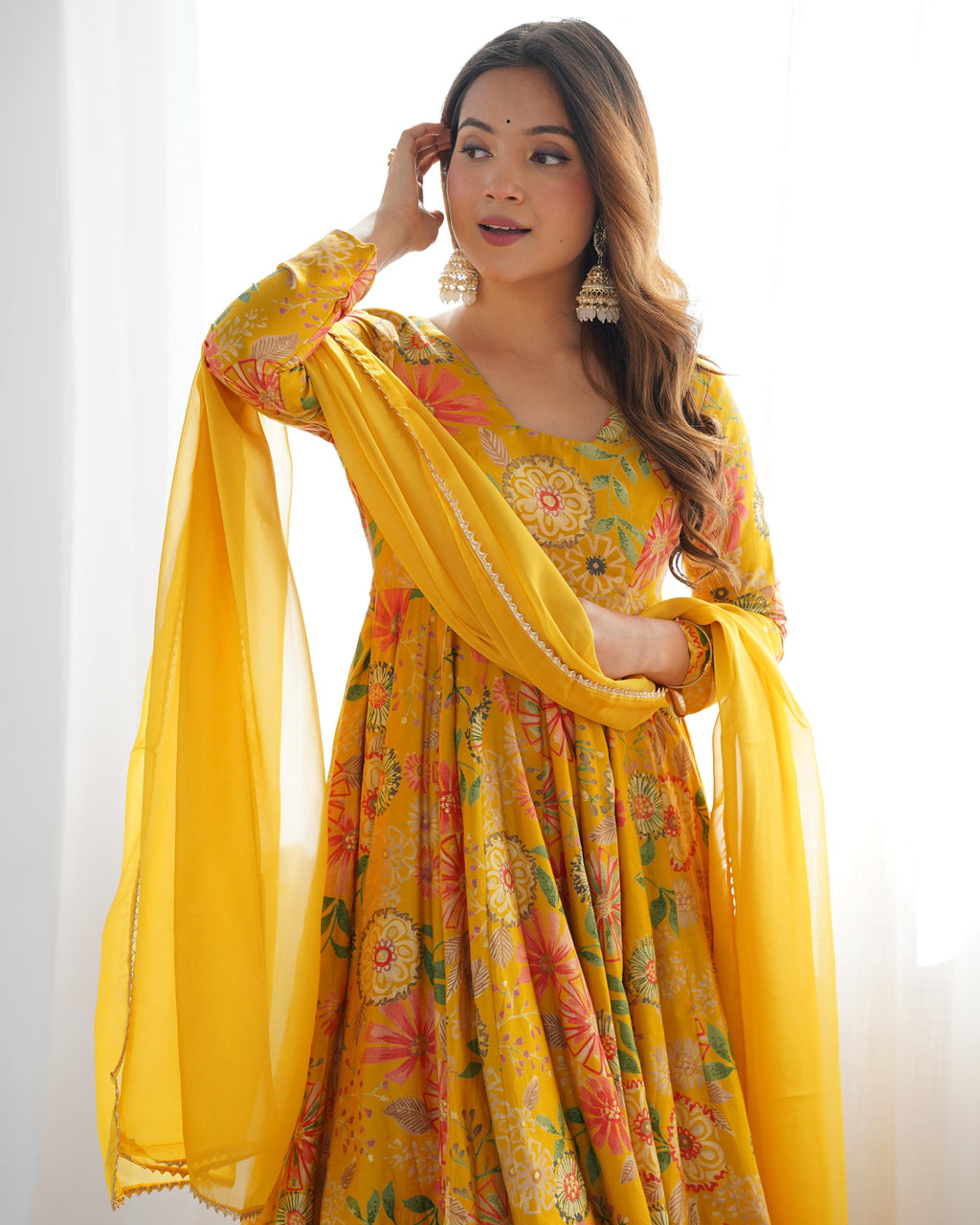 Yellow Roman Silk Chanderi Kediya Set with Huge Flair for festive occasions