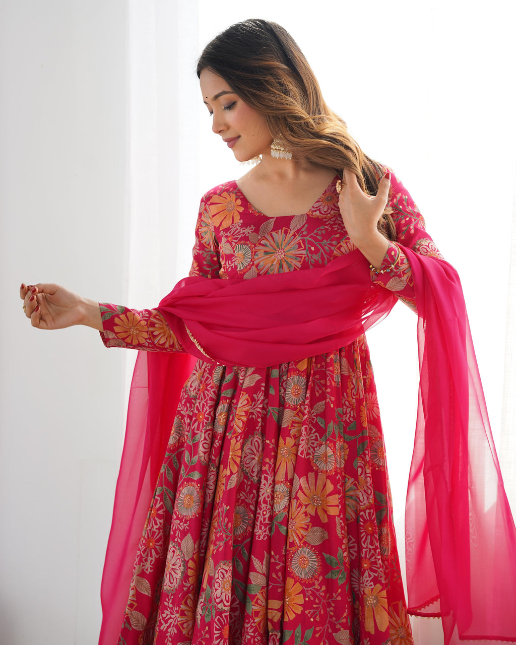 Pink Roman Silk Chanderi Kediya Set with Huge Flair for festive occasions
