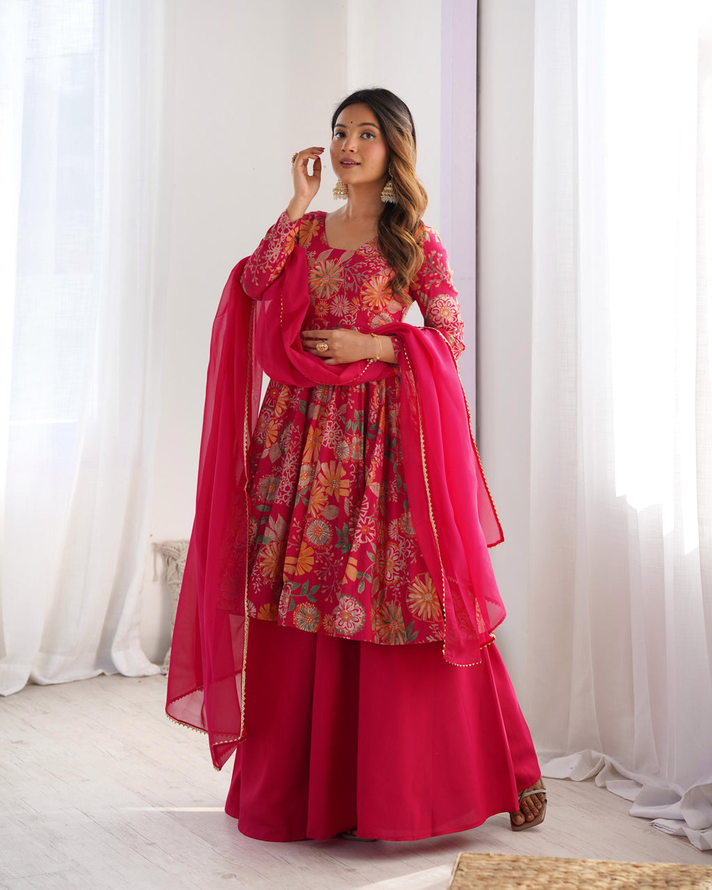 Pink Roman Silk Chanderi Kediya Set with Huge Flair for festive occasions