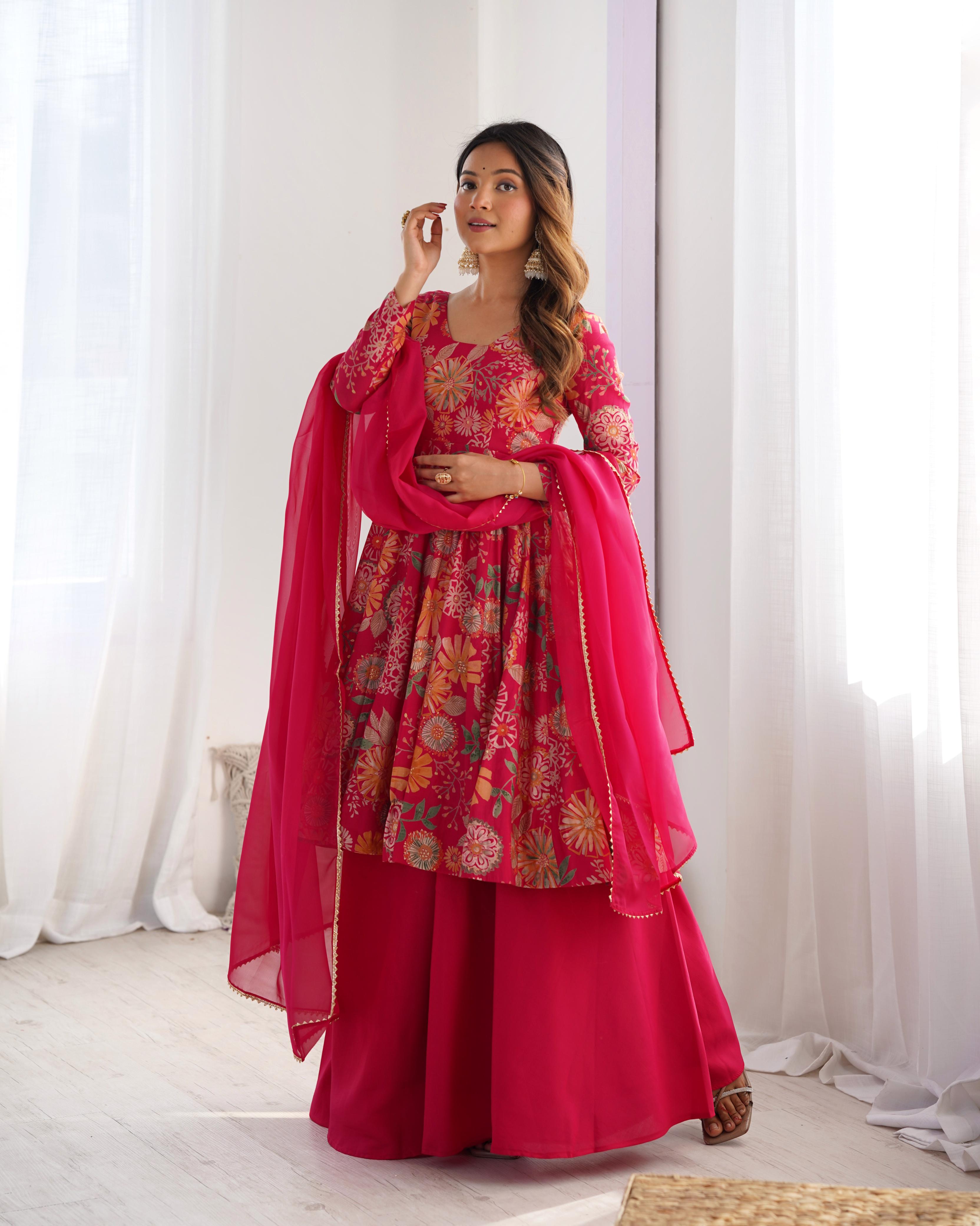 Pink Roman Silk Chanderi Kediya Set with Huge Flair for festive occasions