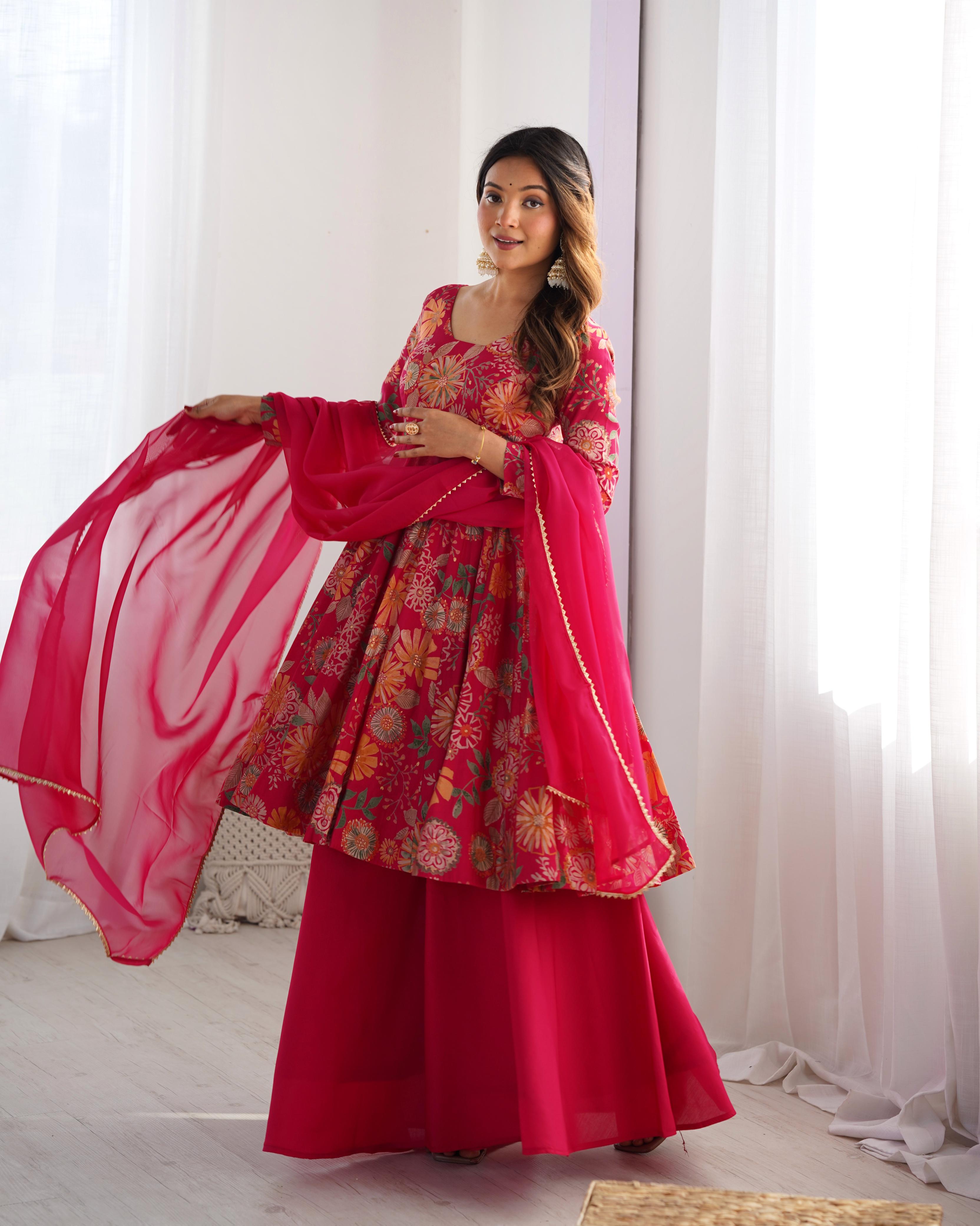 Pink Roman Silk Chanderi Kediya Set with Huge Flair for festive occasions