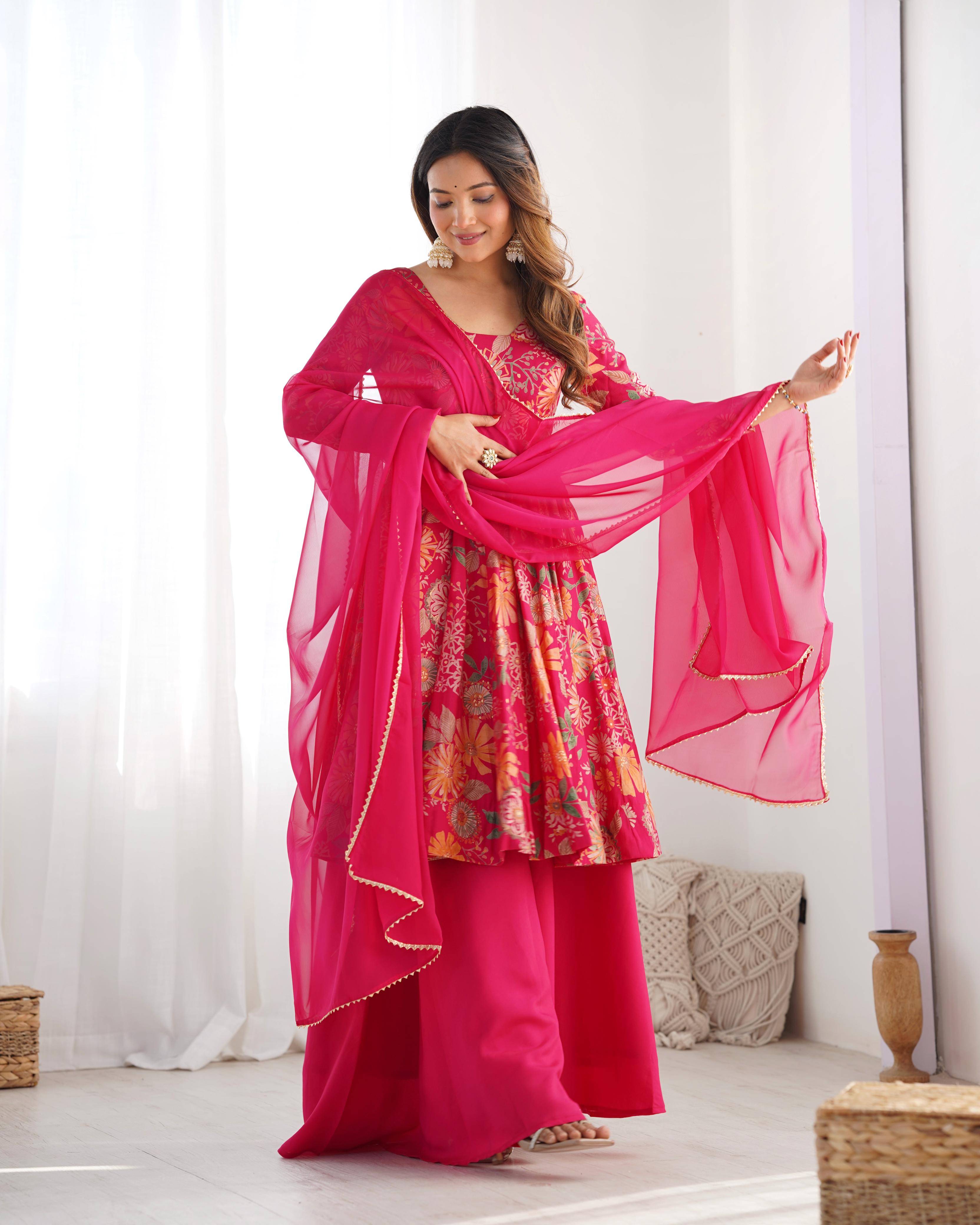 Pink Roman Silk Chanderi Kediya Set with Huge Flair for festive occasions