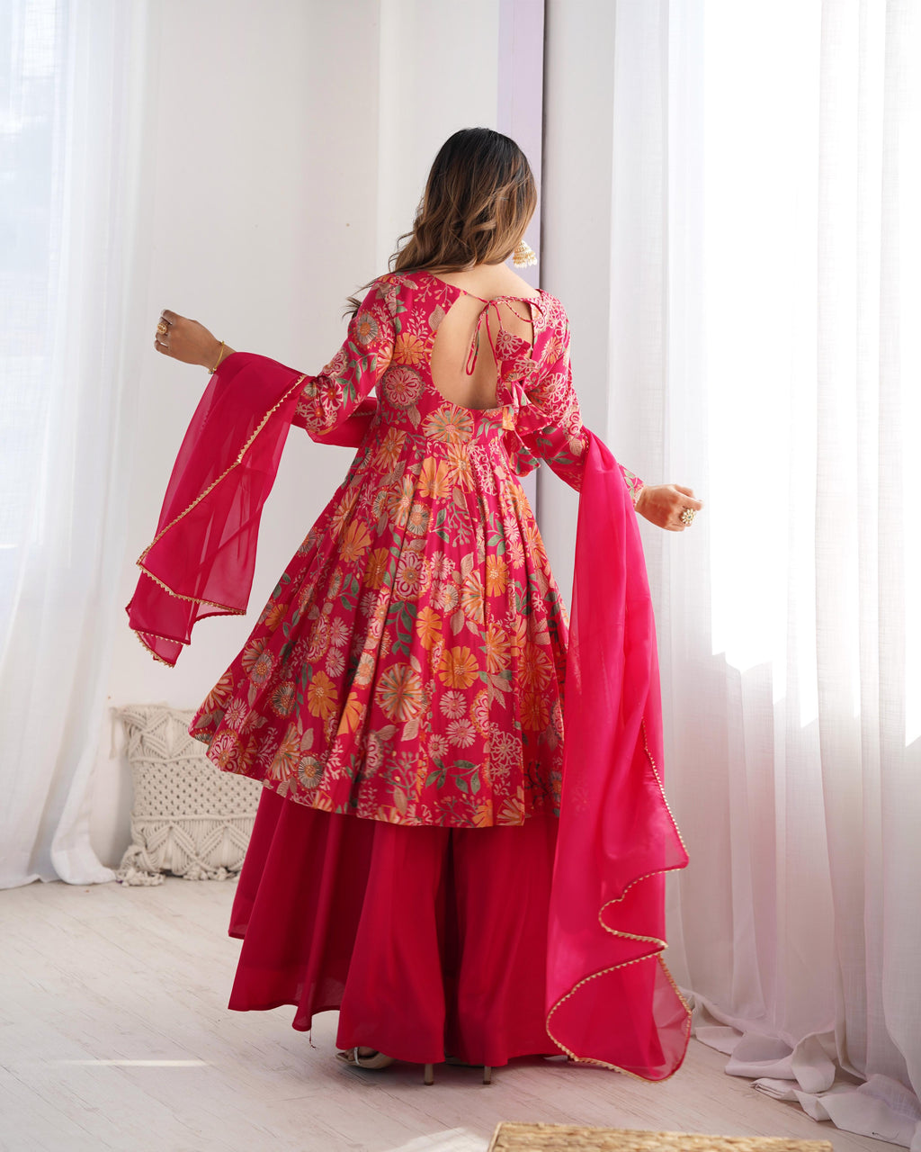 Pink Roman Silk Chanderi Kediya Set with Huge Flair for festive occasions
