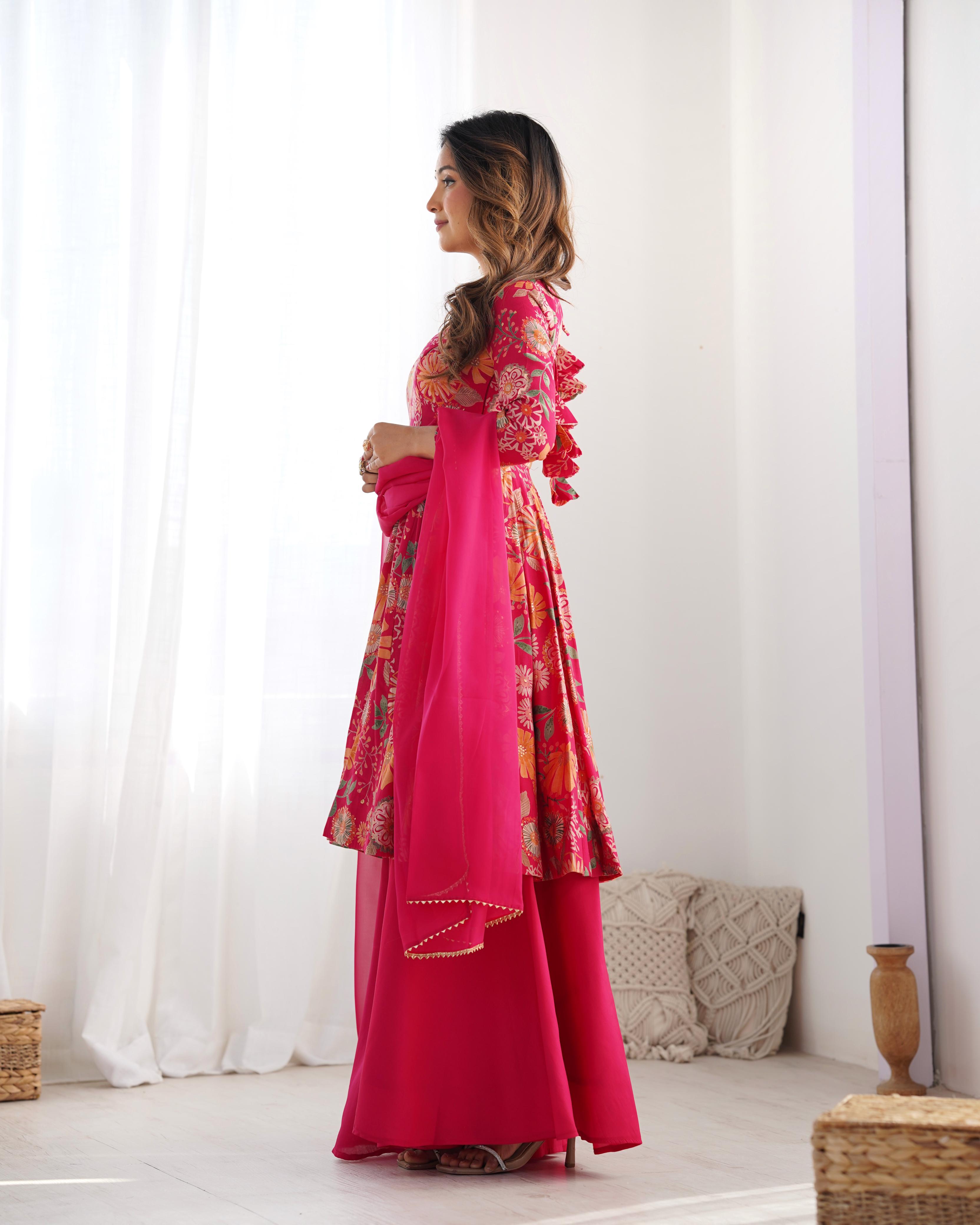 Pink Roman Silk Chanderi Kediya Set with Huge Flair for festive occasions