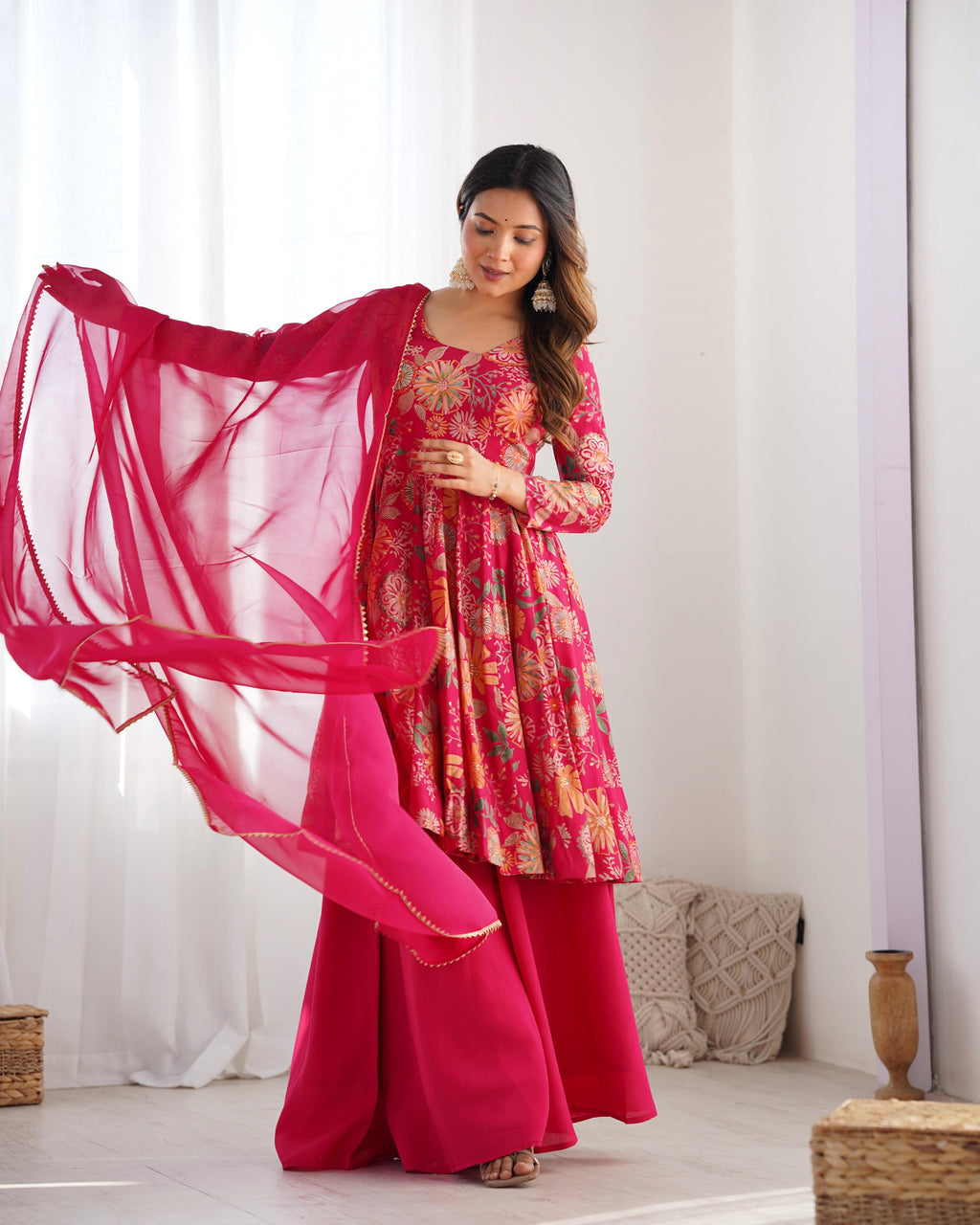 Pink Roman Silk Chanderi Kediya Set with Huge Flair for festive occasions