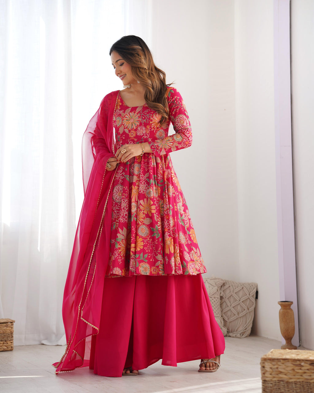 Pink Roman Silk Chanderi Kediya Set with Huge Flair for festive occasions