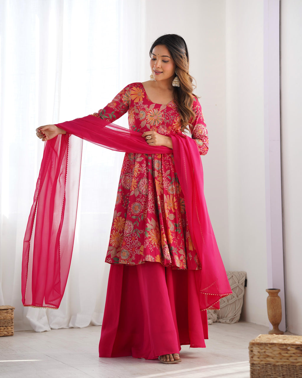 Pink Roman Silk Chanderi Kediya Set with Huge Flair for festive occasions