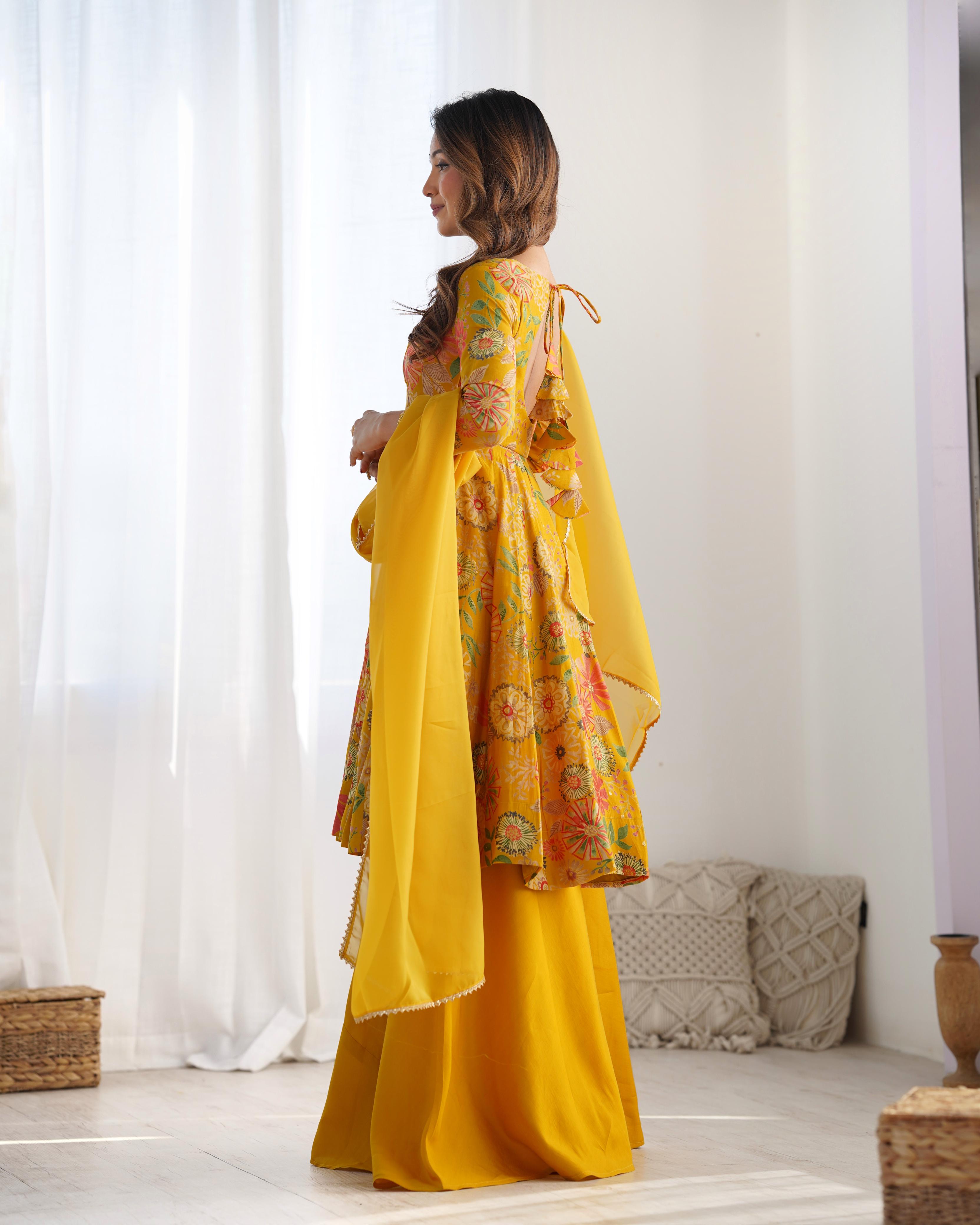 Yellow Roman Silk Chanderi Kediya Set with Huge Flair for festive occasions