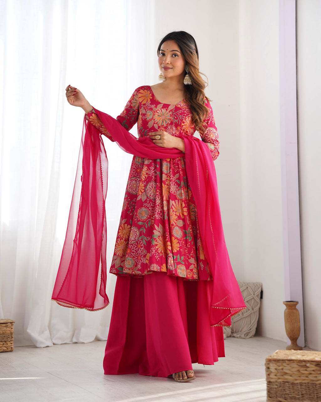 Pink Roman Silk Chanderi Kediya Set with Huge Flair for festive occasions