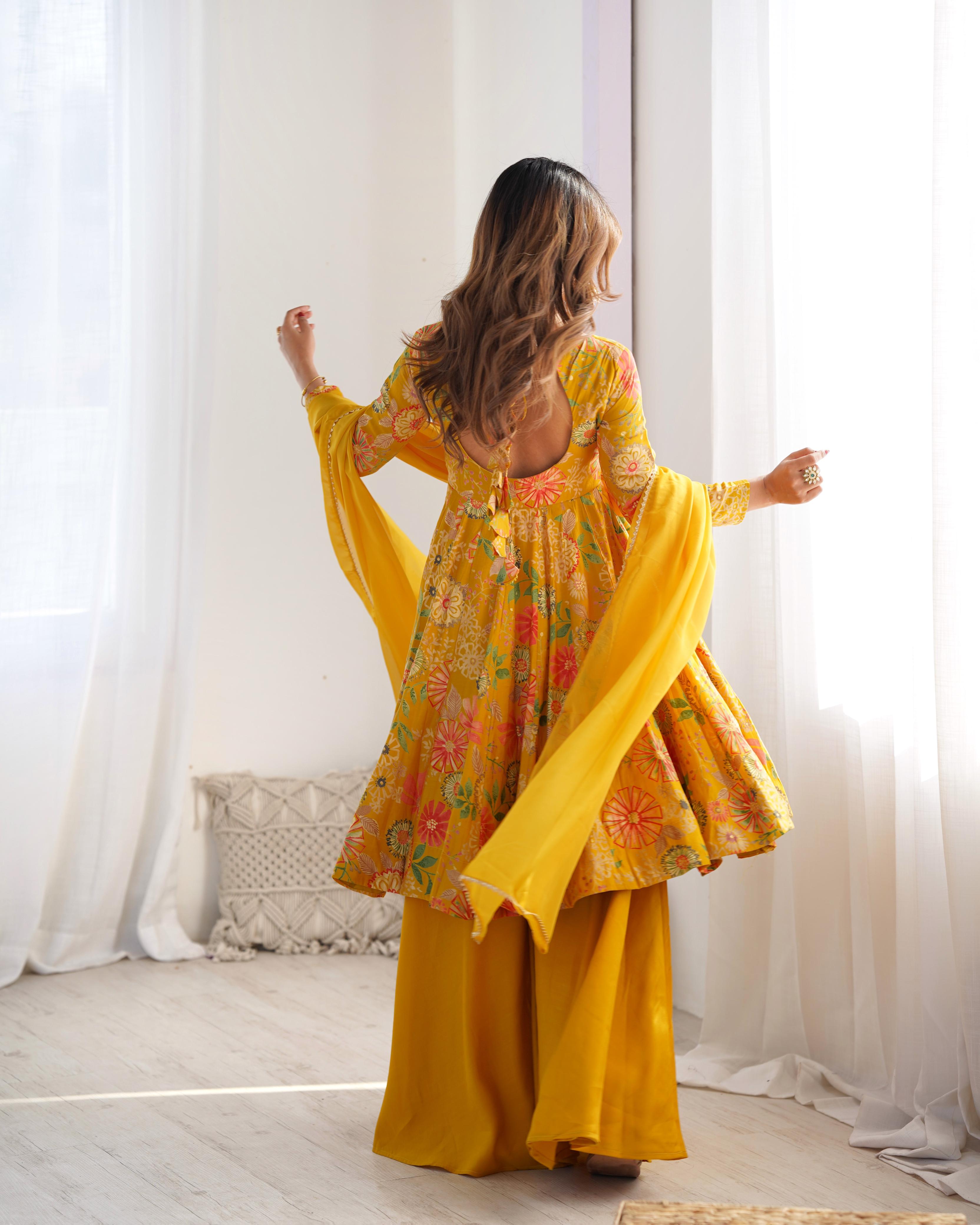 Yellow Roman Silk Chanderi Kediya Set with Huge Flair for festive occasions