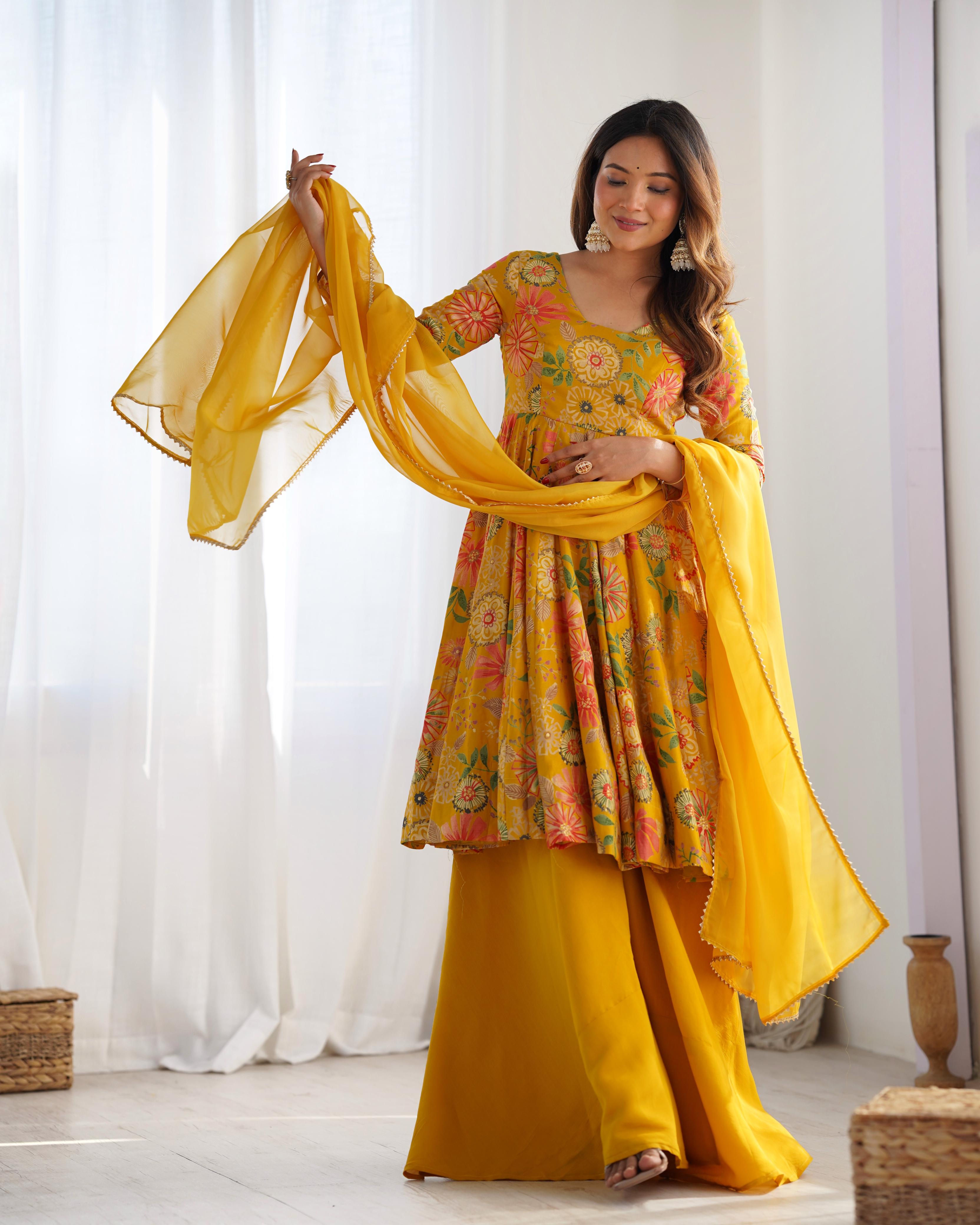 Yellow Roman Silk Chanderi Kediya Set with Huge Flair for festive occasions