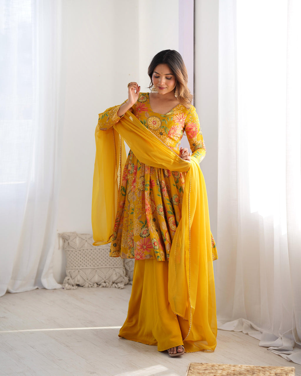 Yellow Roman Silk Chanderi Kediya Set with Huge Flair for festive occasions