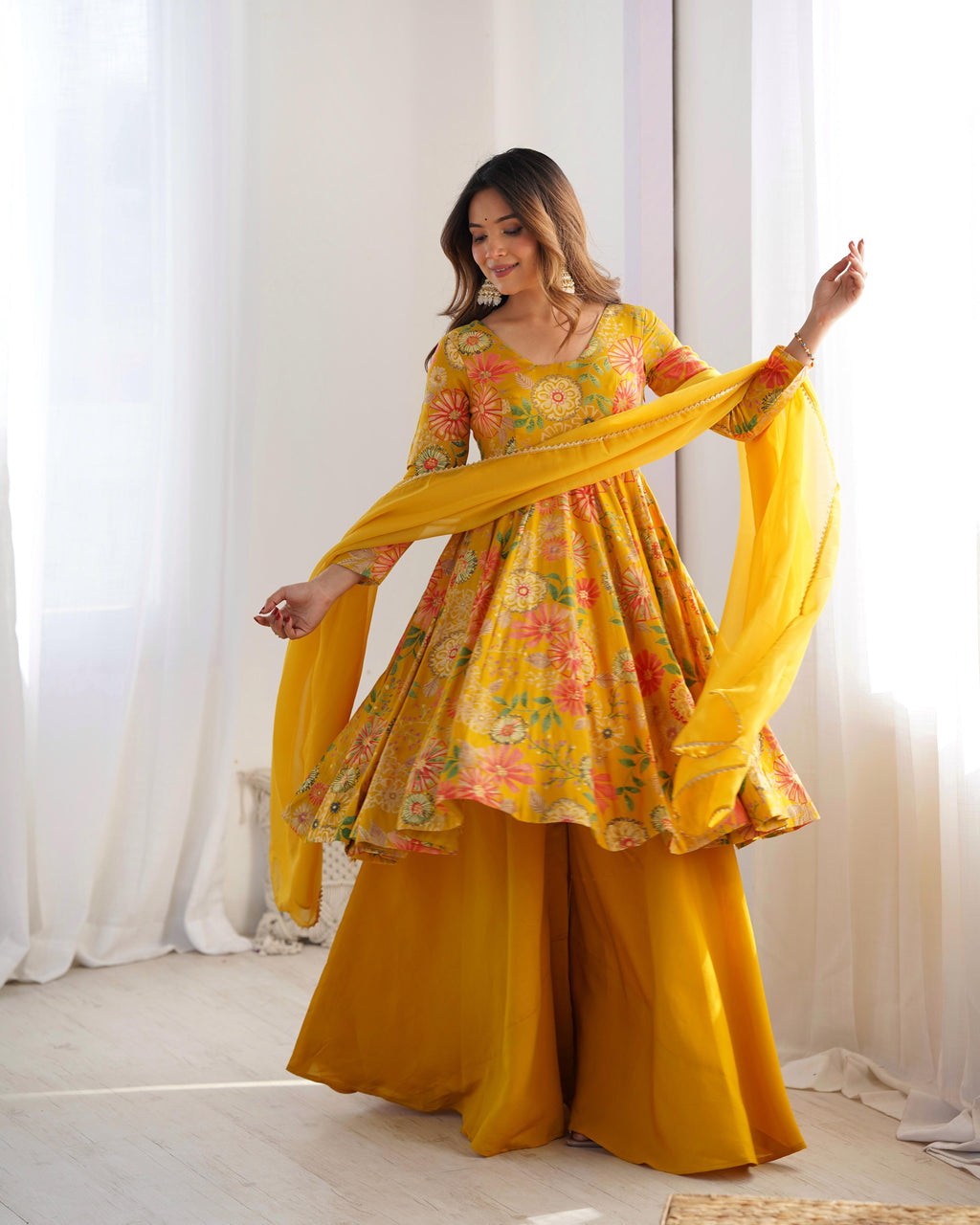 Yellow Roman Silk Chanderi Kediya Set with Huge Flair for festive occasions