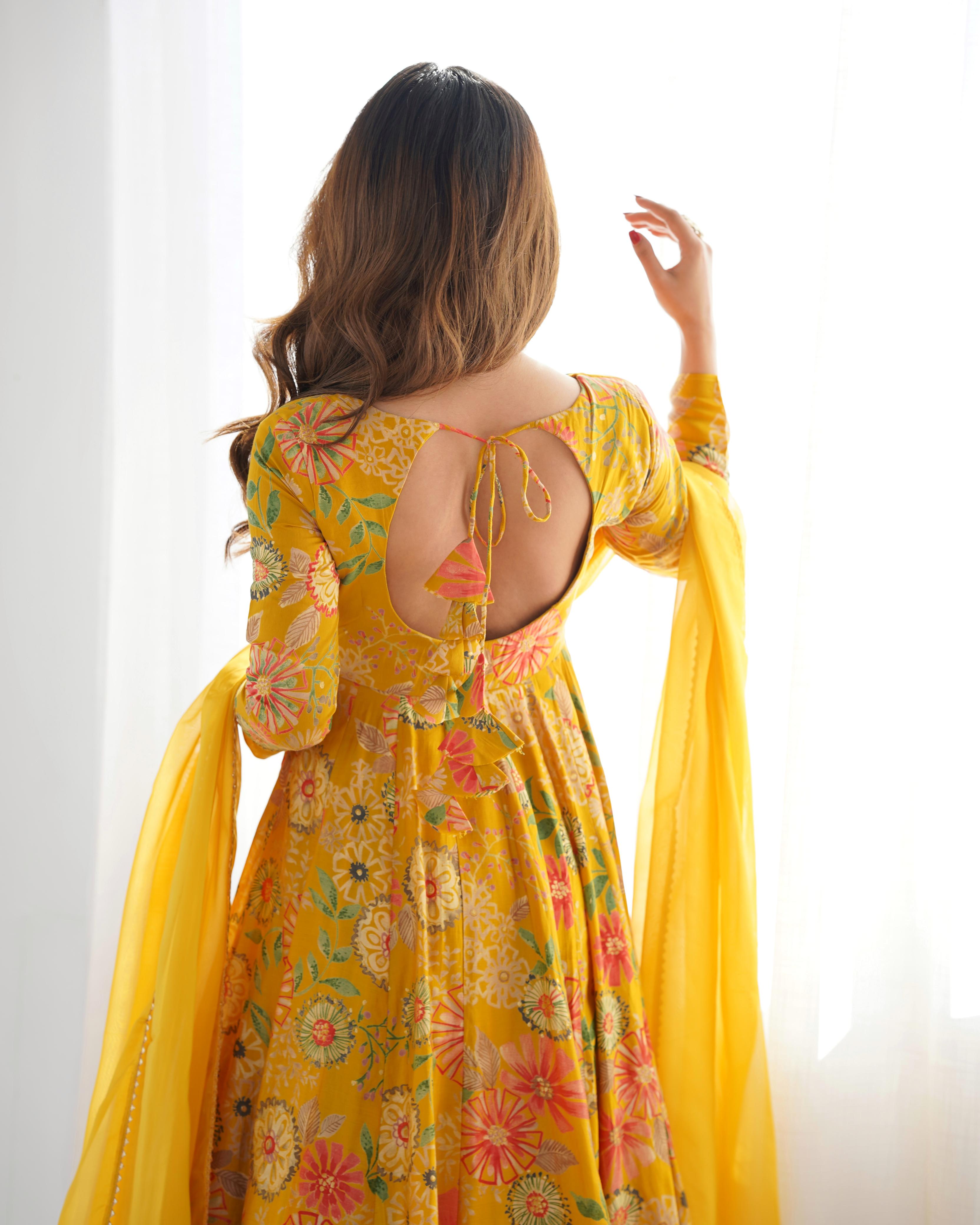 Yellow Roman Silk Chanderi Kediya Set with Huge Flair for festive occasions