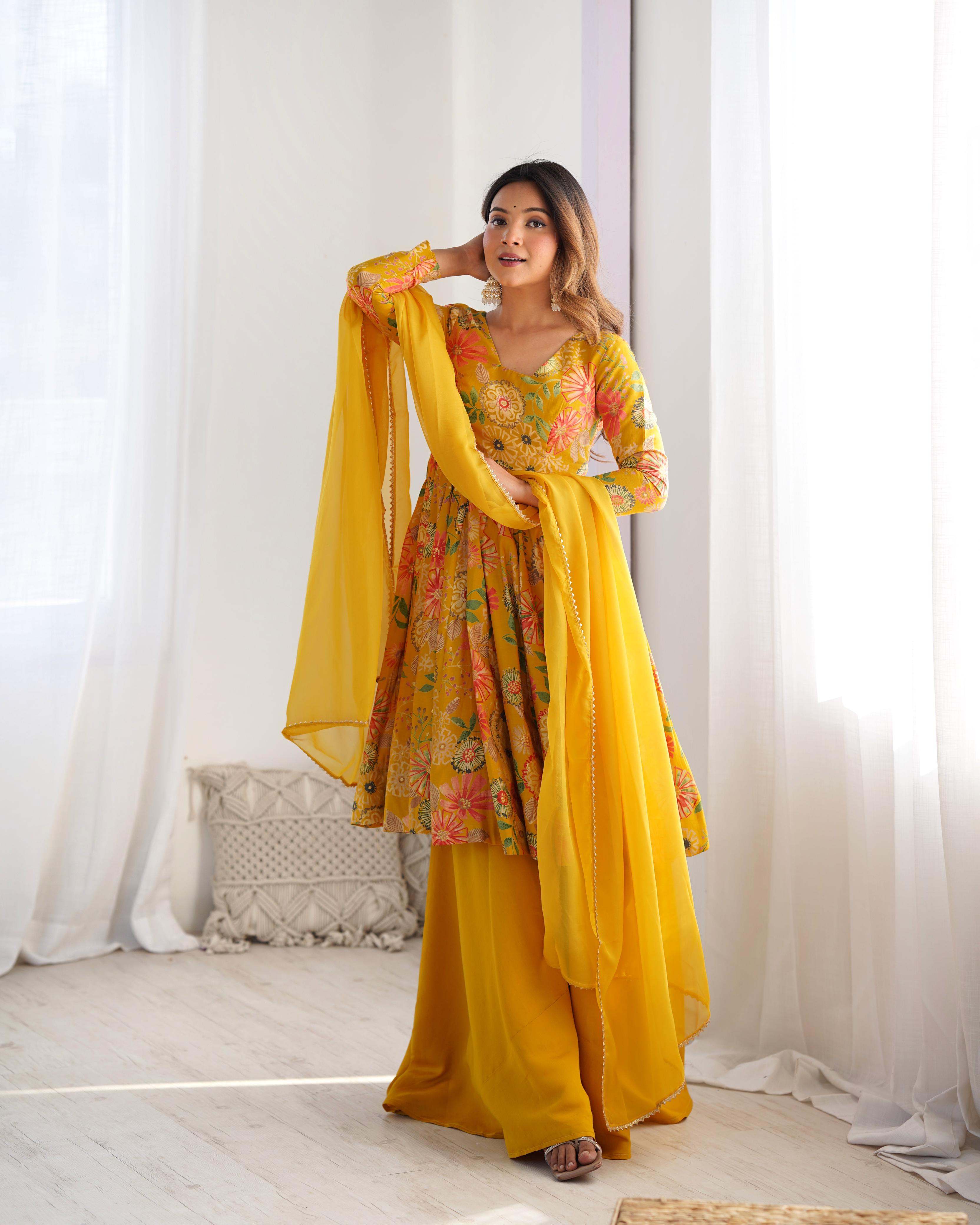 Yellow Roman Silk Chanderi Kediya Set with Huge Flair for festive occasions