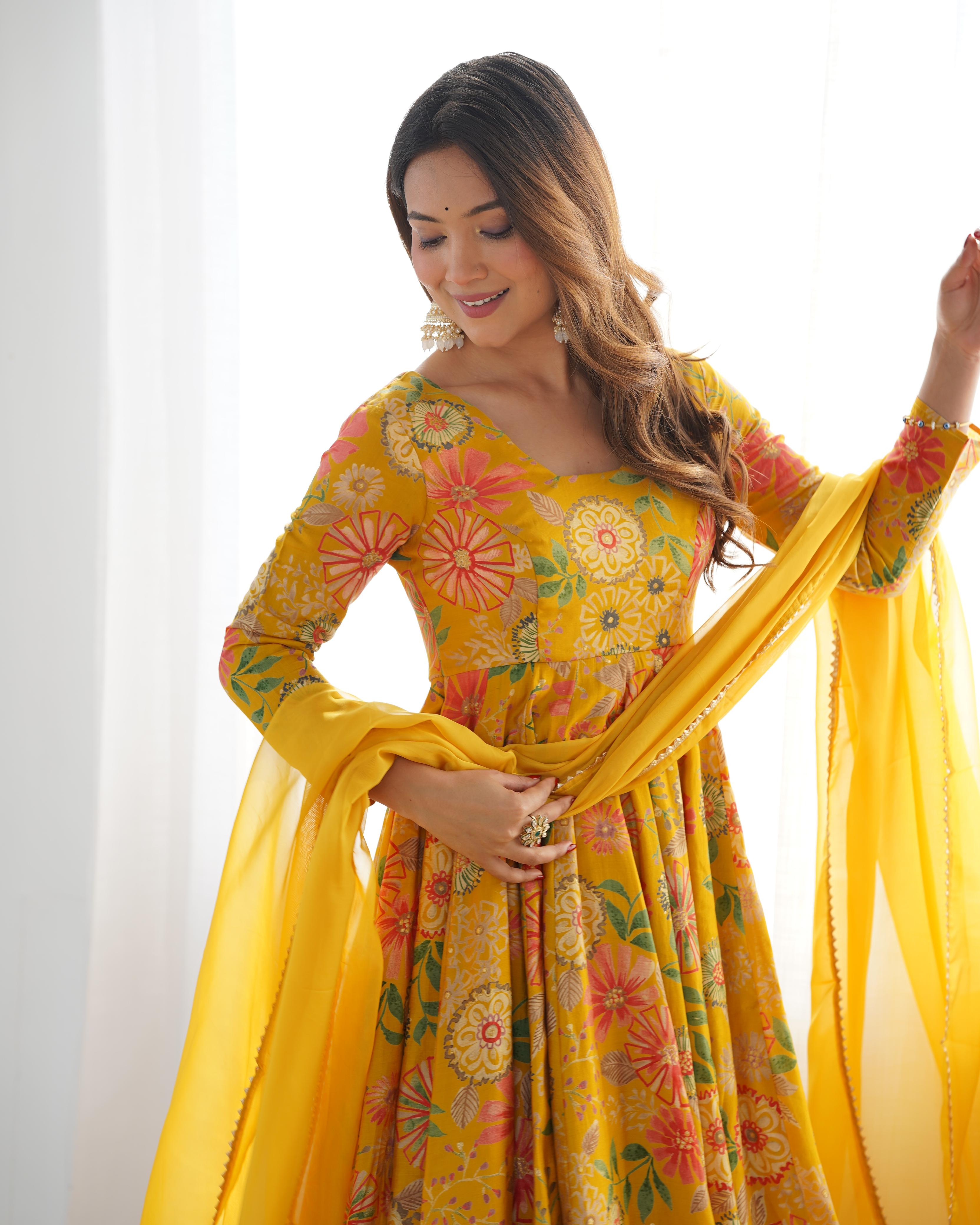 Yellow Roman Silk Chanderi Kediya Set with Huge Flair for festive occasions