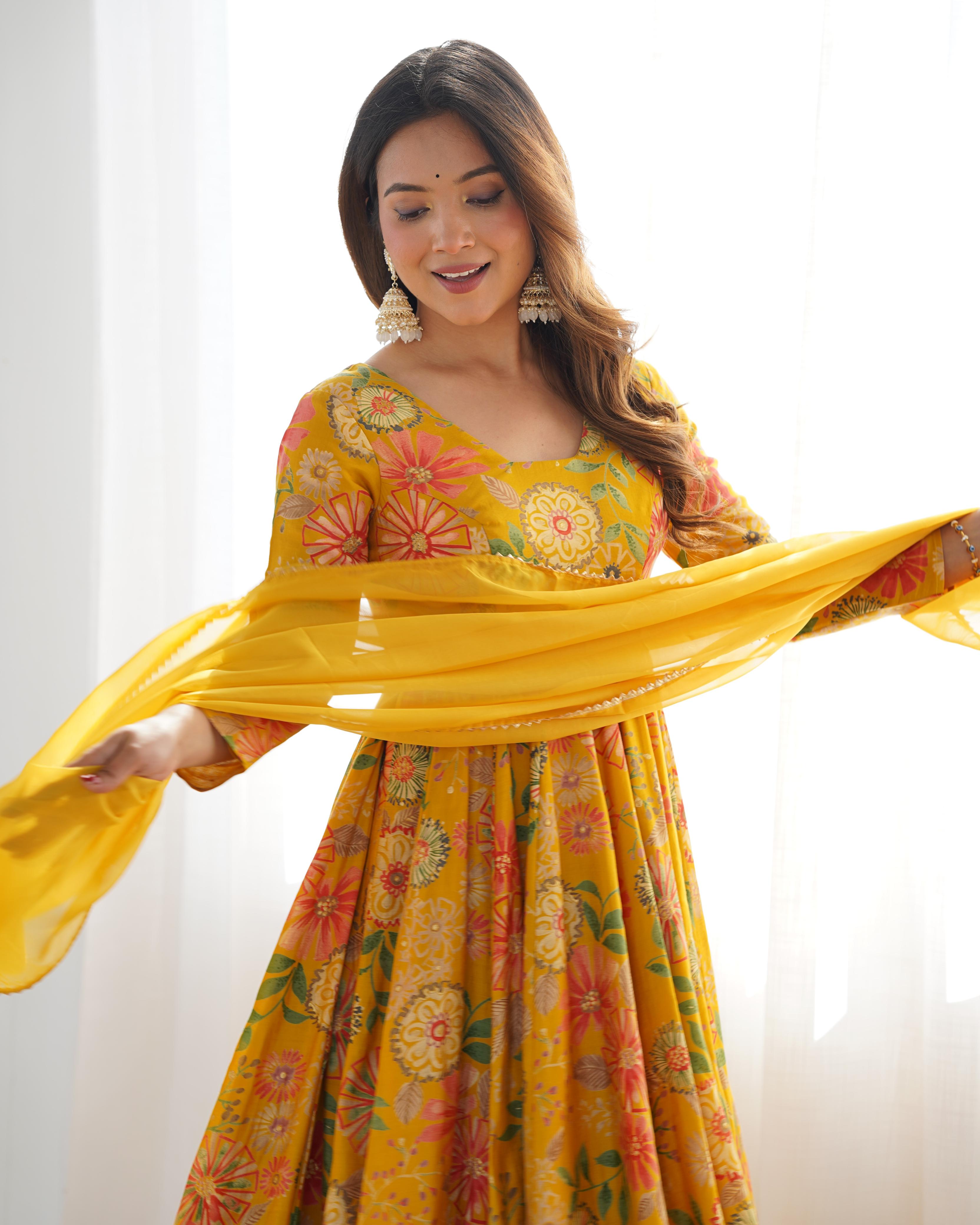 Yellow Roman Silk Chanderi Kediya Set with Huge Flair for festive occasions