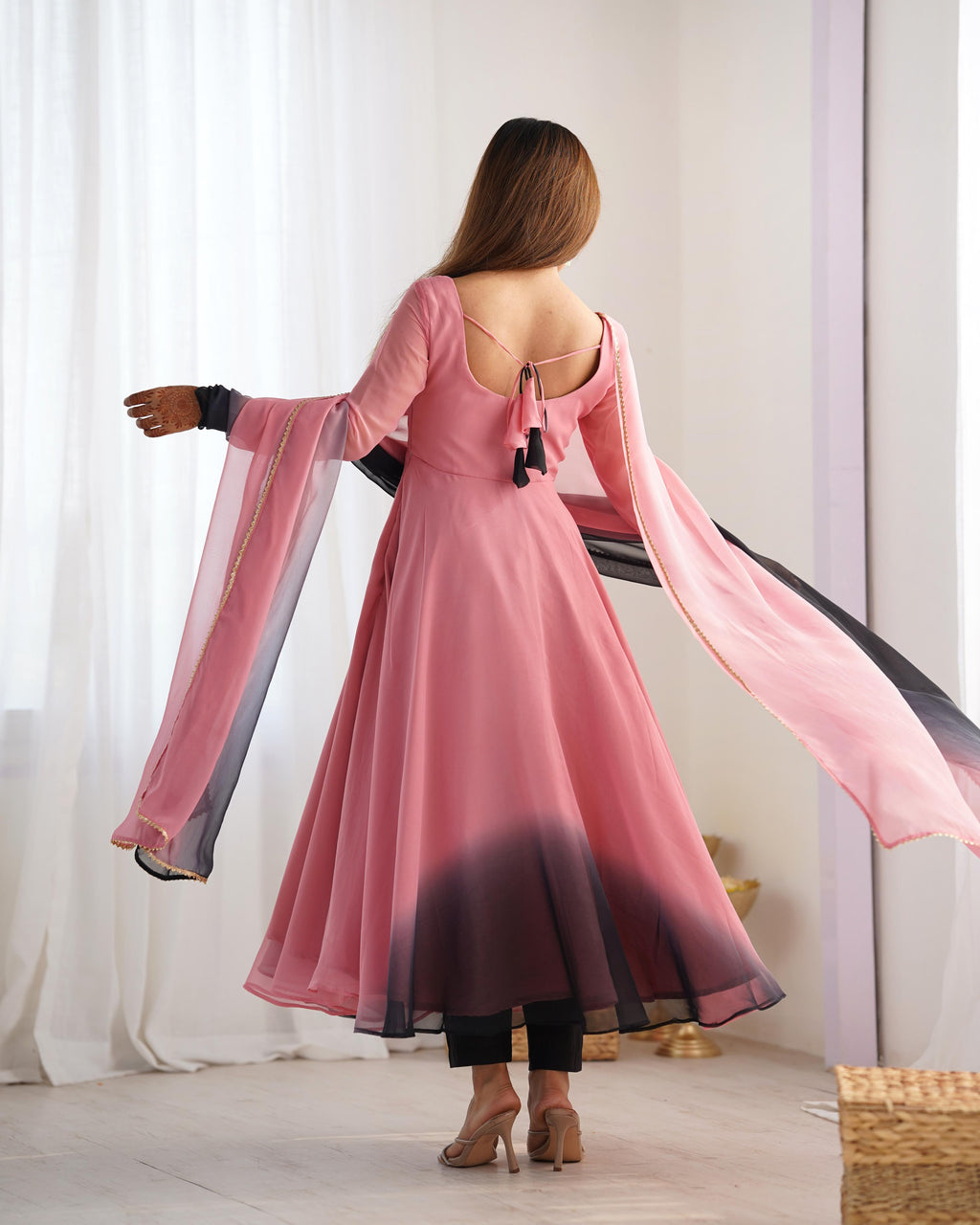 Onion Pink Pure Soft Fox Georgette Anarkali Suit Set With Huge Flair, Dupatta & Pant