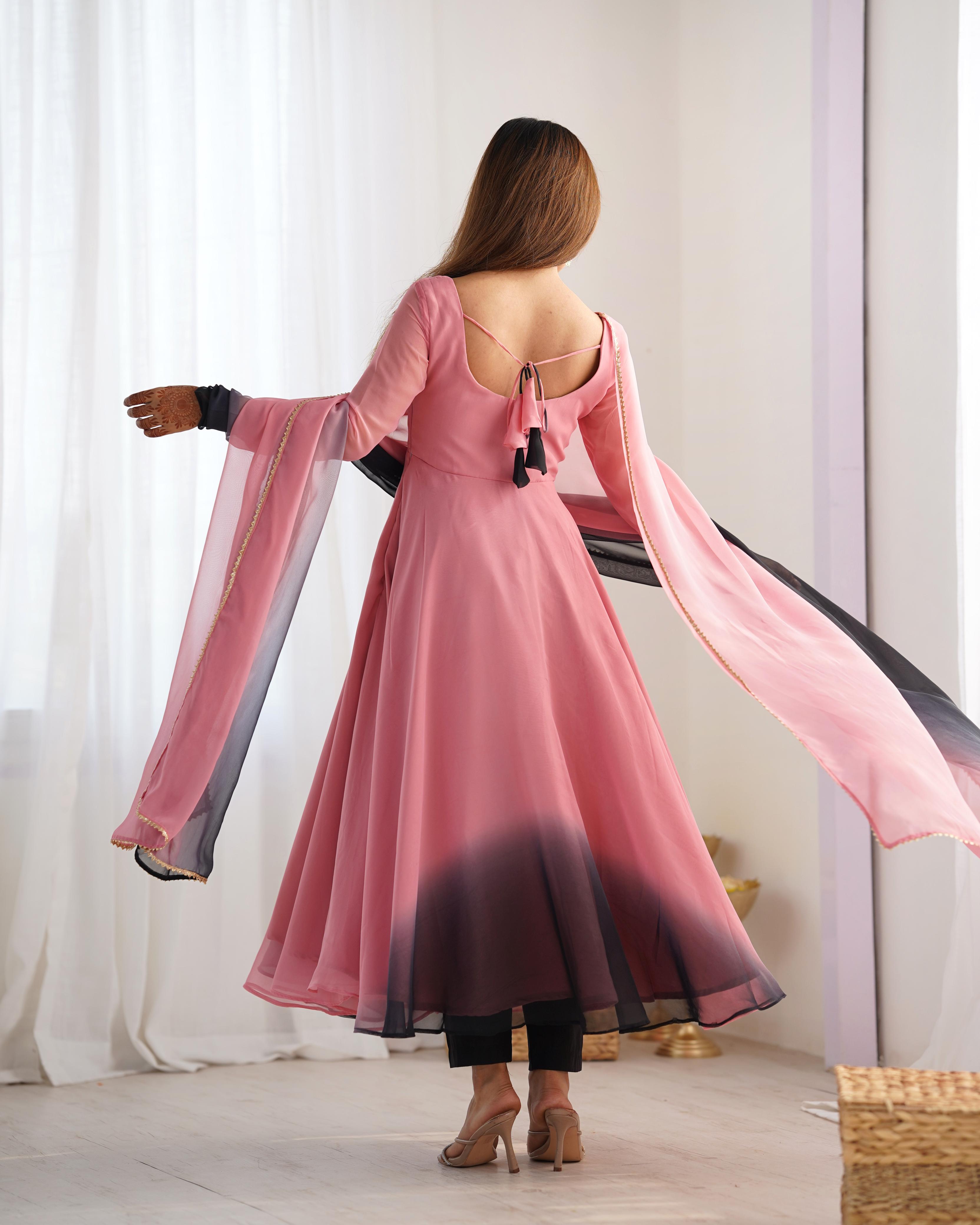Onion Pink Pure Soft Fox Georgette Anarkali Suit Set With Huge Flair, Dupatta & Pant