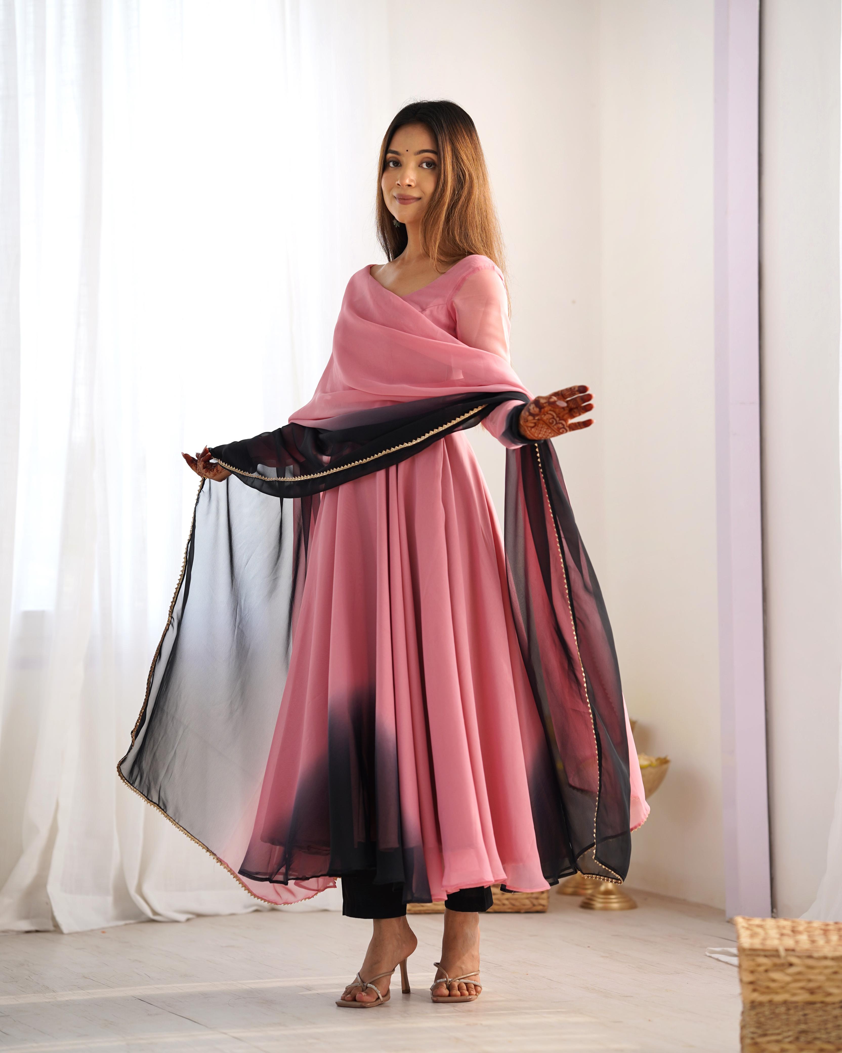 Onion Pink Pure Soft Fox Georgette Anarkali Suit Set With Huge Flair, Dupatta & Pant