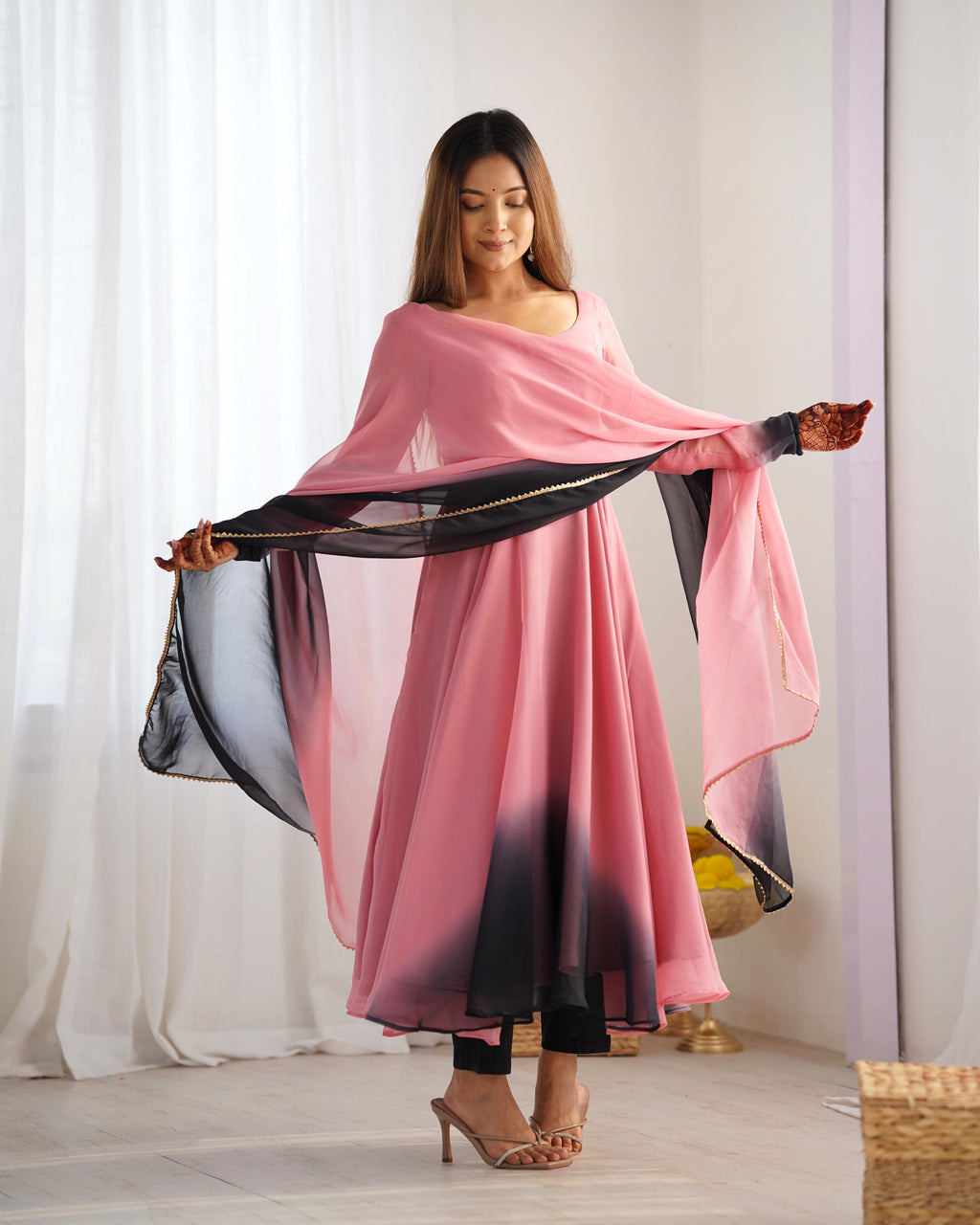 Onion Pink Pure Soft Fox Georgette Anarkali Suit Set With Huge Flair, Dupatta & Pant