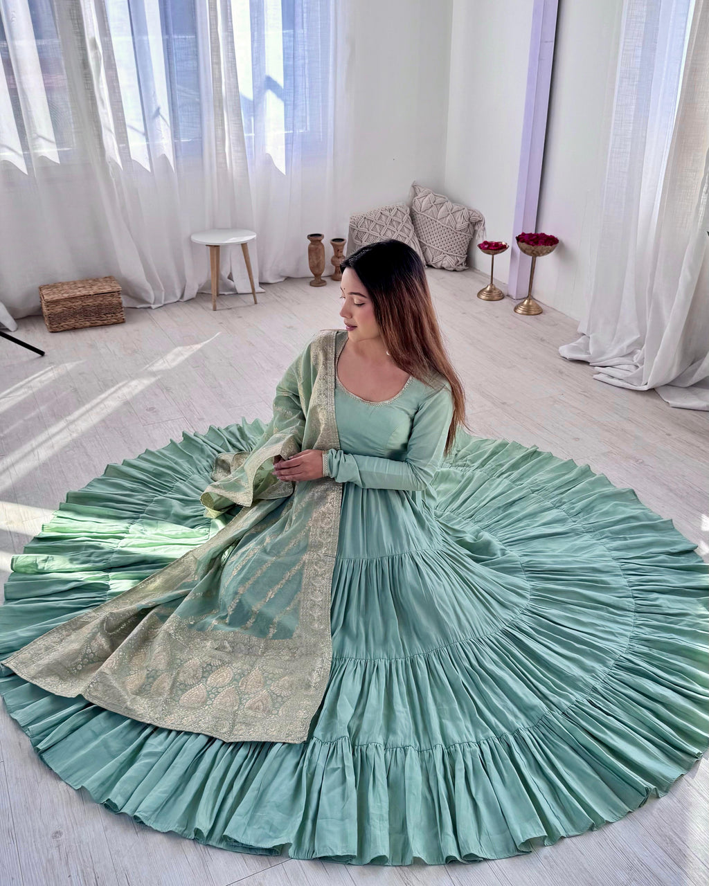 Pista Roman Silk Chanderi Anarkali Suit Set with Flair for Festive Wear