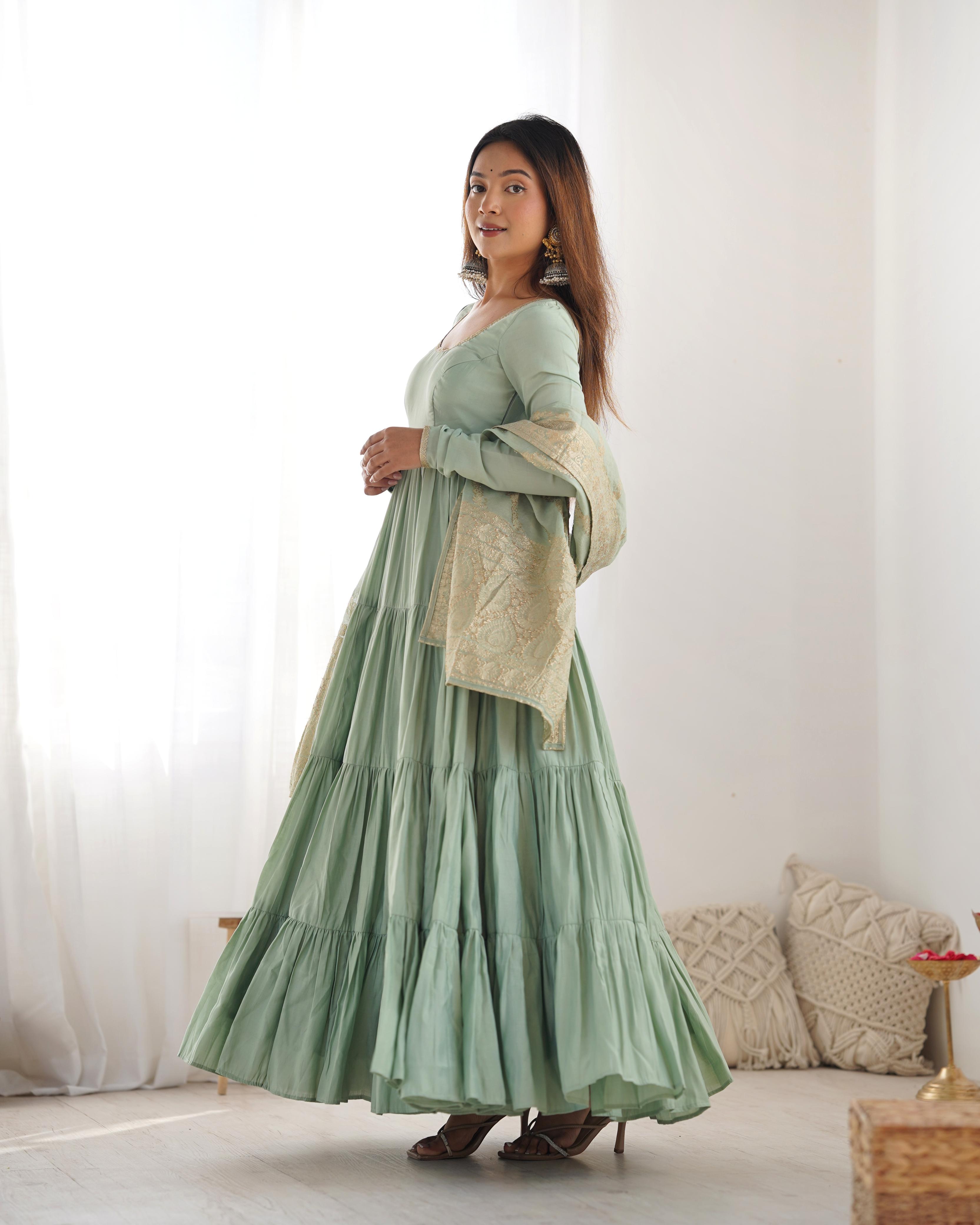 Pista Roman Silk Chanderi Anarkali Suit Set with Flair for Festive Wear