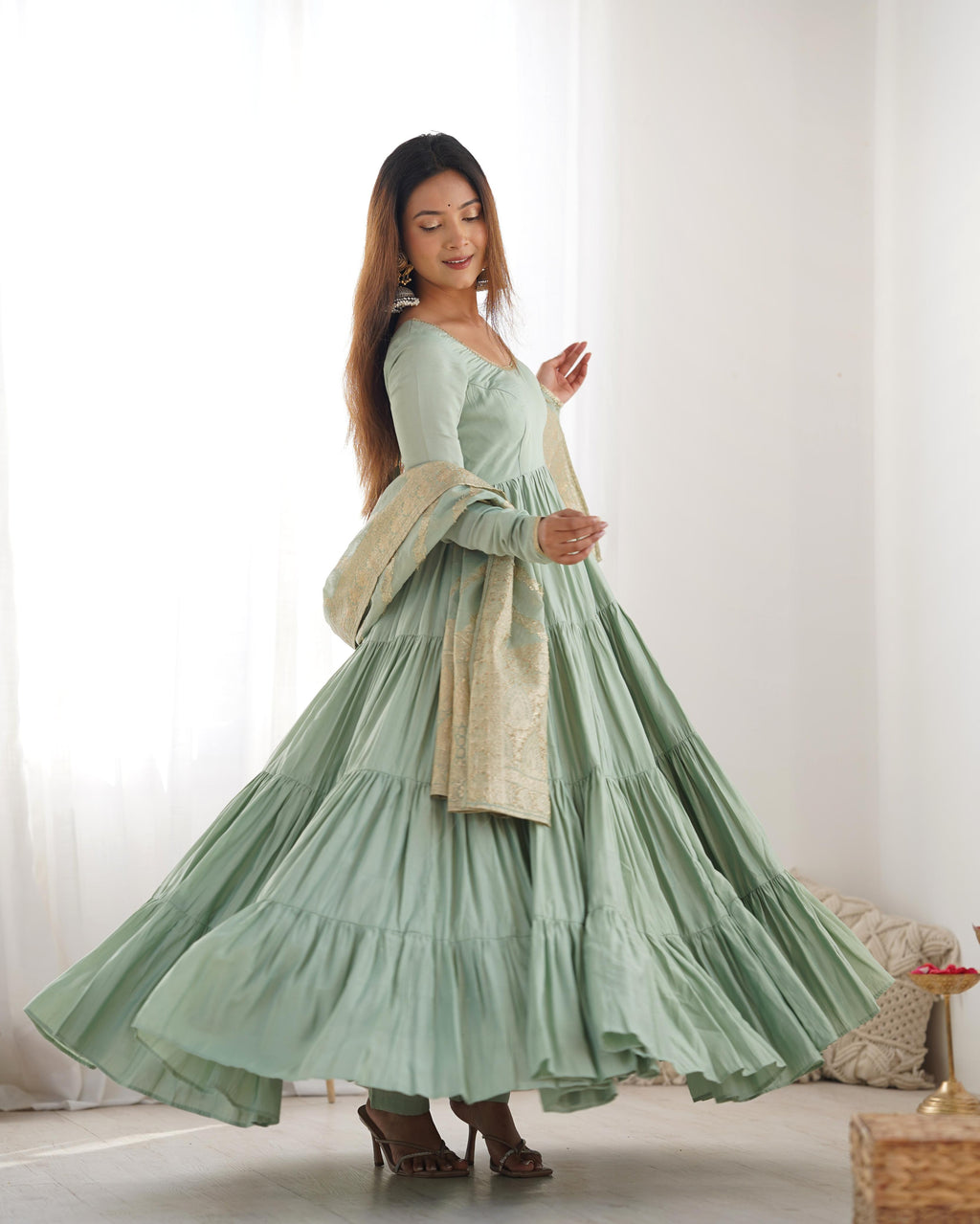 Pista Roman Silk Chanderi Anarkali Suit Set with Flair for Festive Wear
