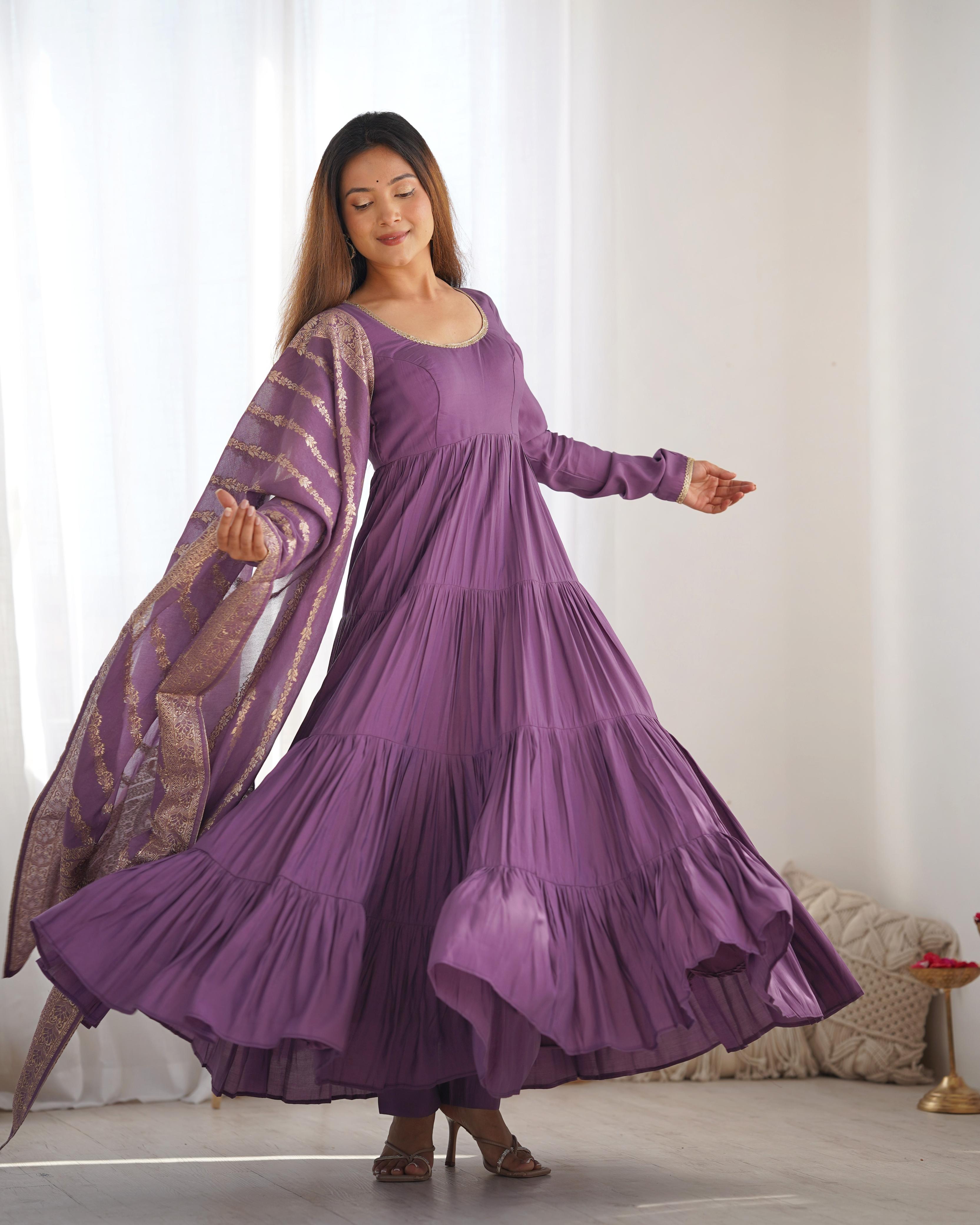 Lilac Roman Silk Chanderi Anarkali Suit Set with Flair for Festive Wear