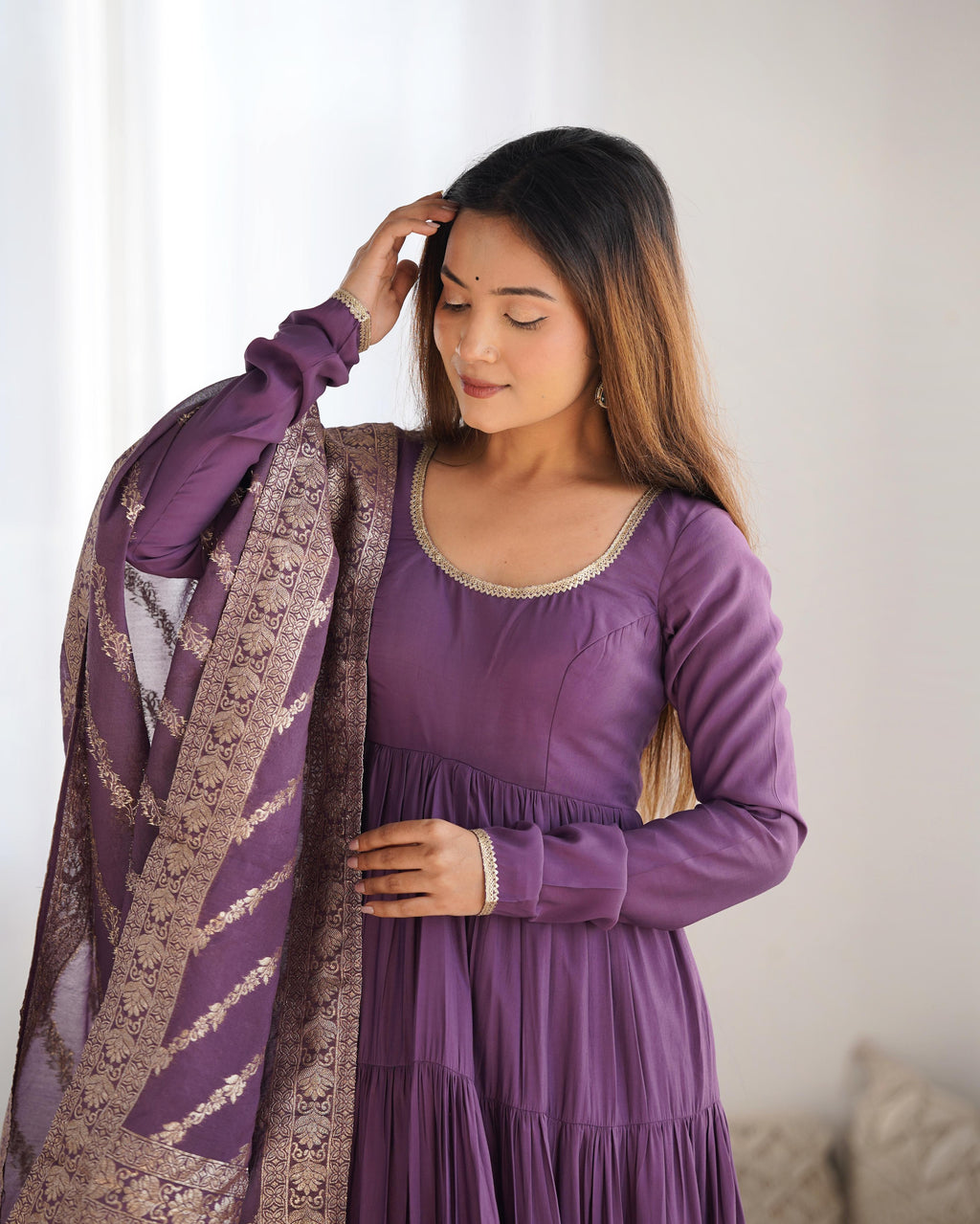 Lilac Roman Silk Chanderi Anarkali Suit Set with Flair for Festive Wear